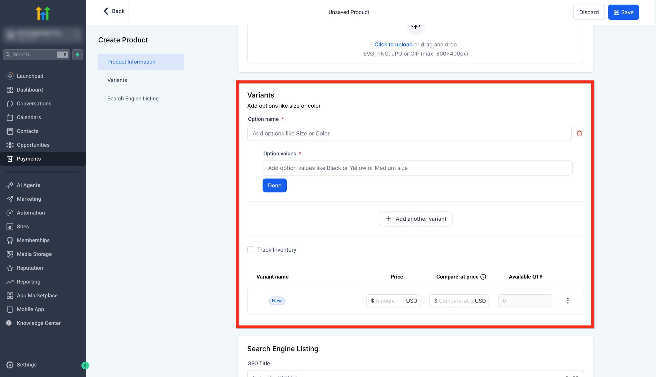 Screenshot of the Product Variants section, showing how to add Option names (e.g., 'Course Level') and Option values (e.g., 'Basic', 'Premium', 'Pro') with individual pricing and inventory.