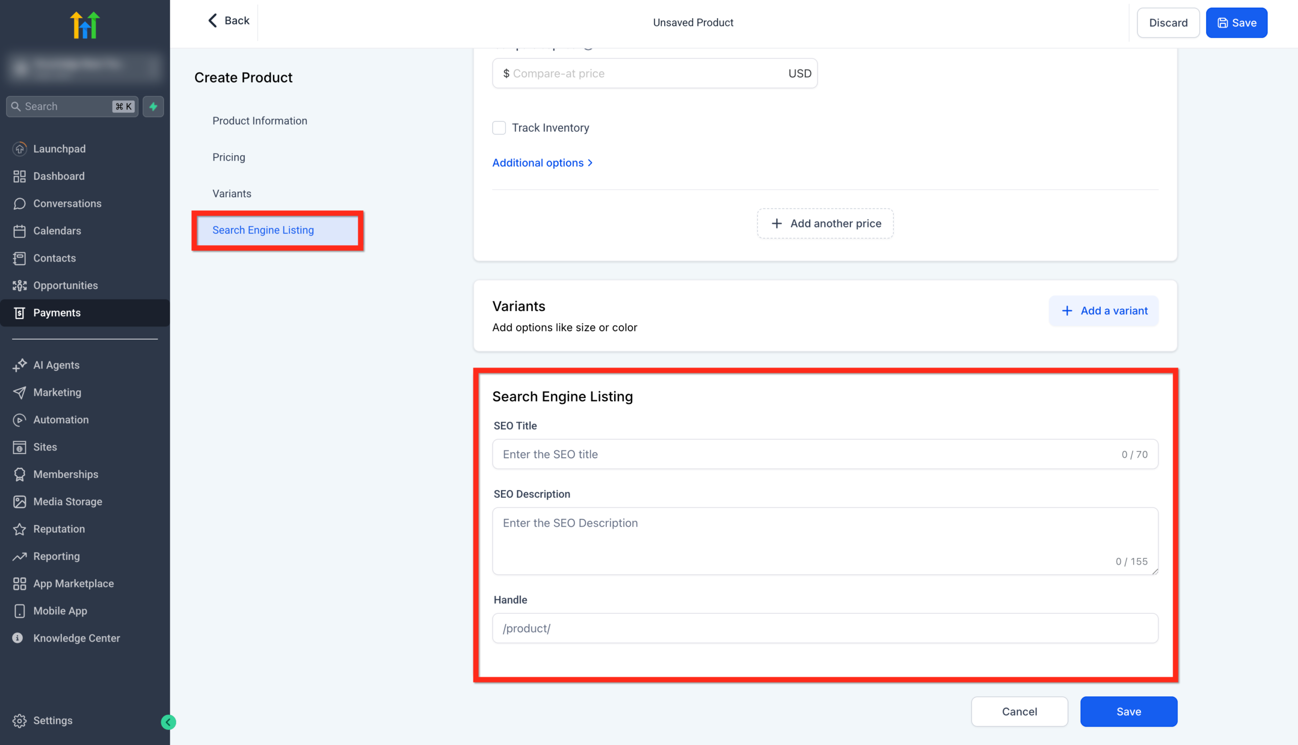 Screenshot of the Search Engine Listing (SEO) section in GoHighLevel product settings, displaying fields for SEO Title, SEO Description, and Handle for URL customization.