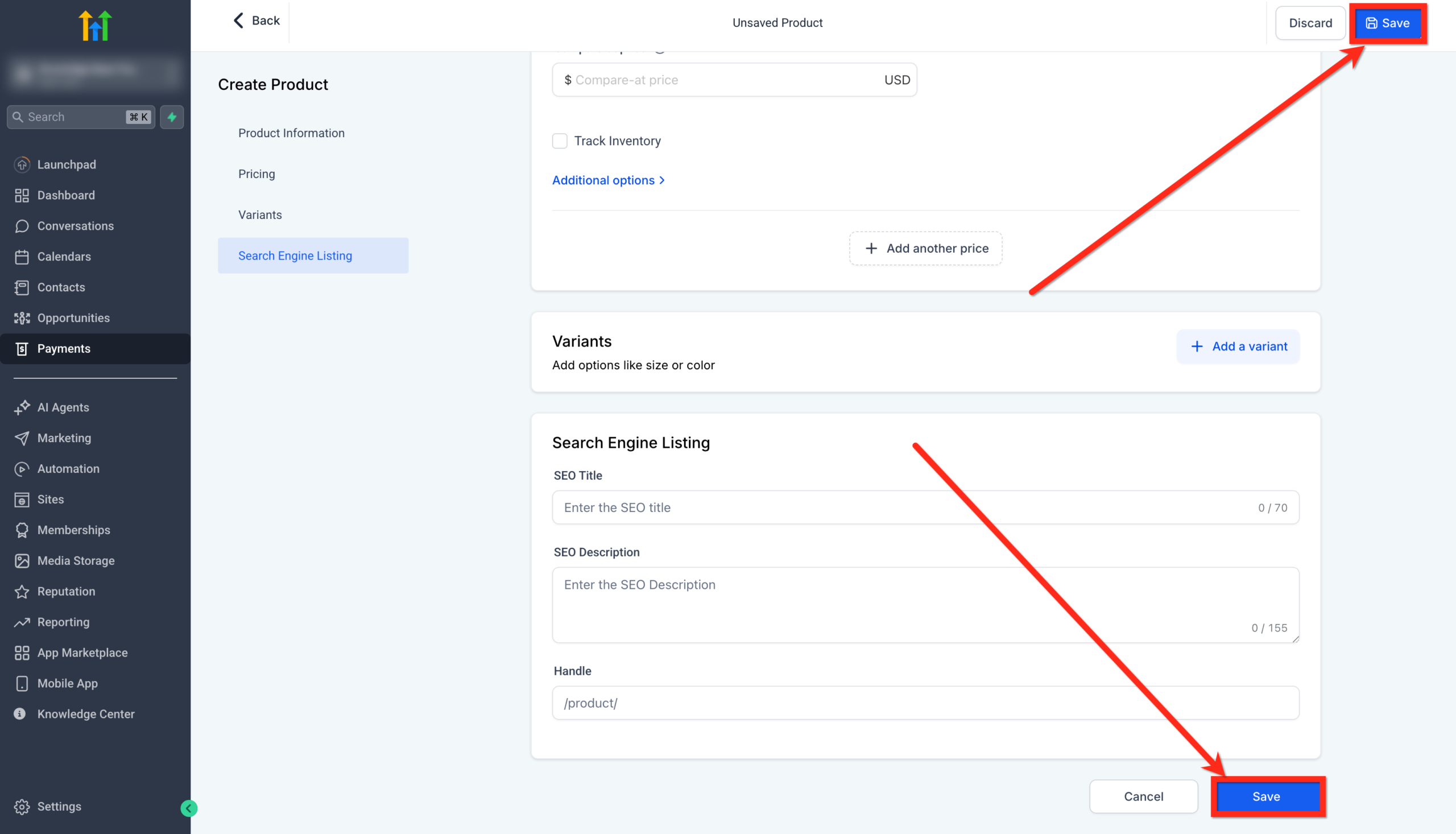 Screenshot of the GoHighLevel product creation interface, showing the 'Save' button at the bottom right to finalize product settings.