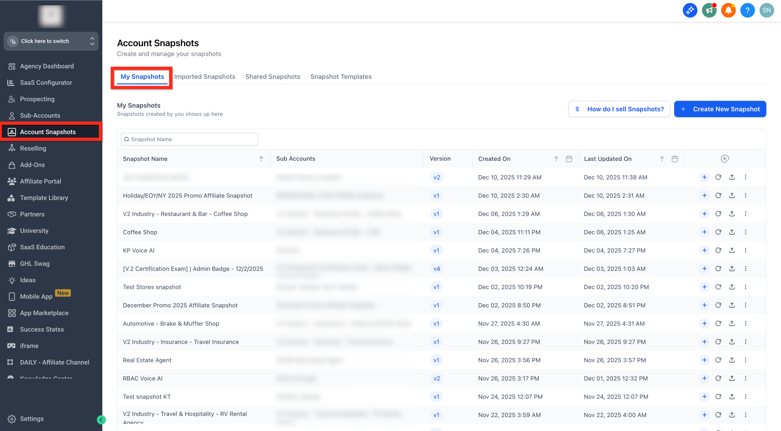 Screenshot of the GoHighLevel Agency View dashboard, showing the navigation path to 'Account Snapshots' and then 'My Snapshots' to access the list of available snapshots.