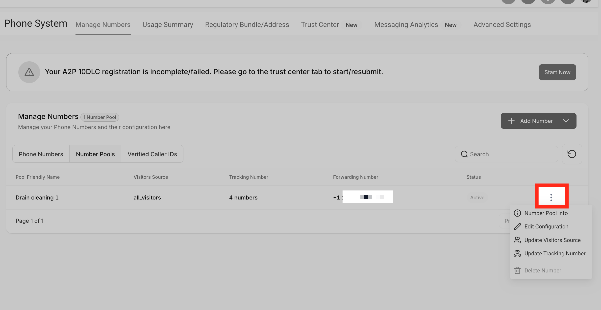 Number Pool Options Menu Three dots menu for managing a specific number pool