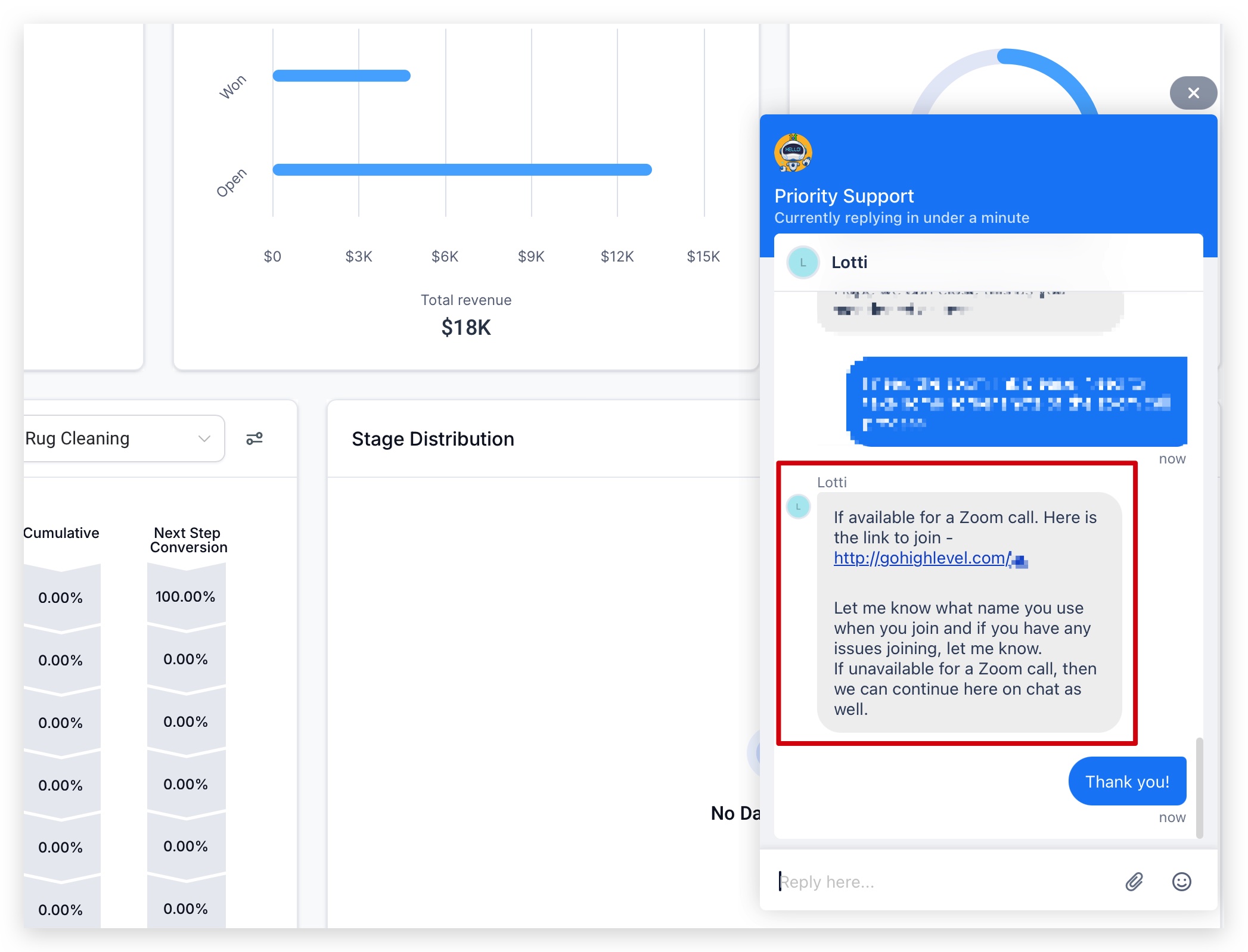Request Zoom Support Call Screenshot of the GoHighLevel support interface showing the option to request a Zoom support call and join a queue.