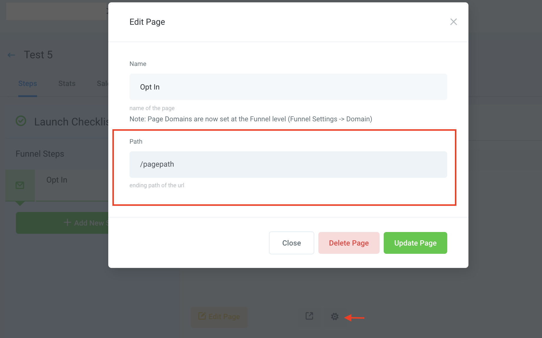GoHighLevel Page URL and A/B Testing Setup A detailed screenshot of the Page URL settings modal in GoHighLevel, accessible via the gear icon next to the edit page button, illustrating options for individual page URLs and future A/B testing.