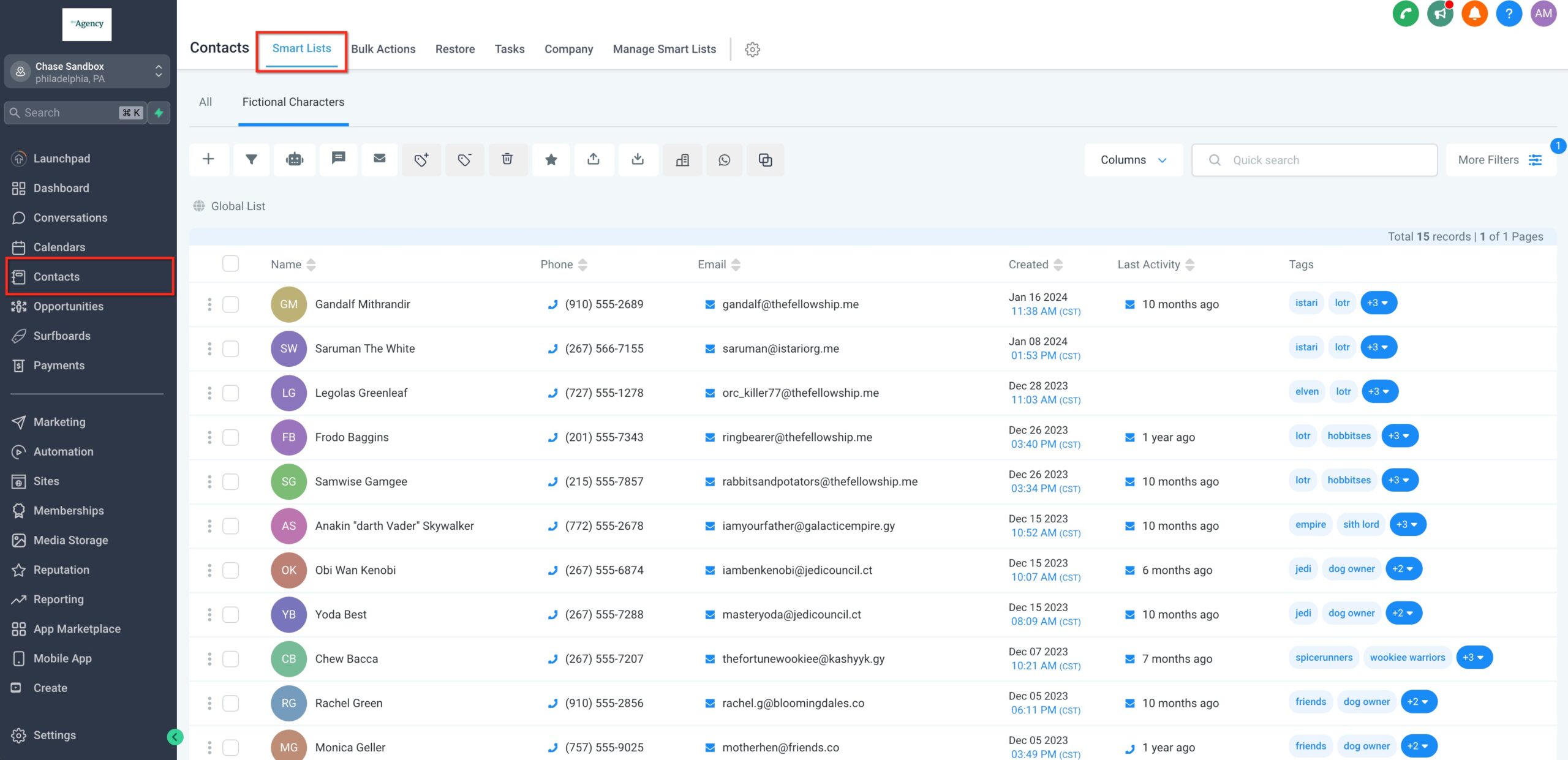 Smart Lists in GoHighLevel Contacts GoHighLevel Contacts tab showing Smart Lists section