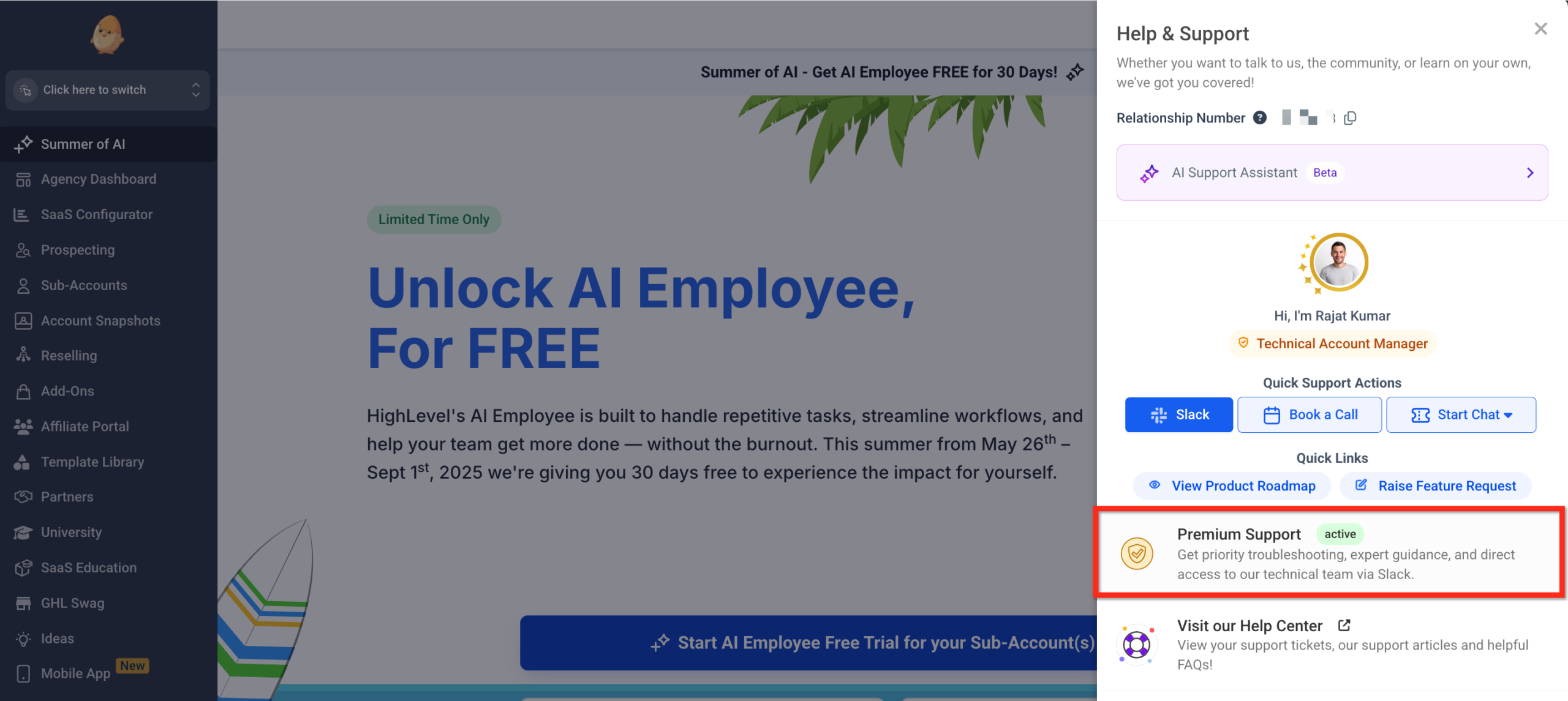 Premium Support In-App Sidebar GoHighLevel Premium Support sidebar showing options for Slack Support, Book a Call, and Start Chat