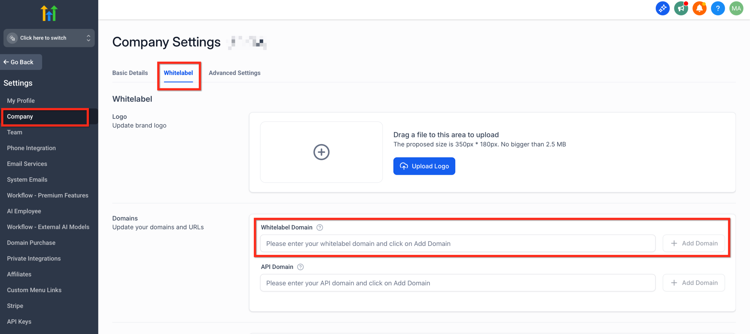 Screenshot of GoHighLevel Agency Settings showing the path to Whitelabel Domain configuration, highlighting the 'Whitelabel' tab.