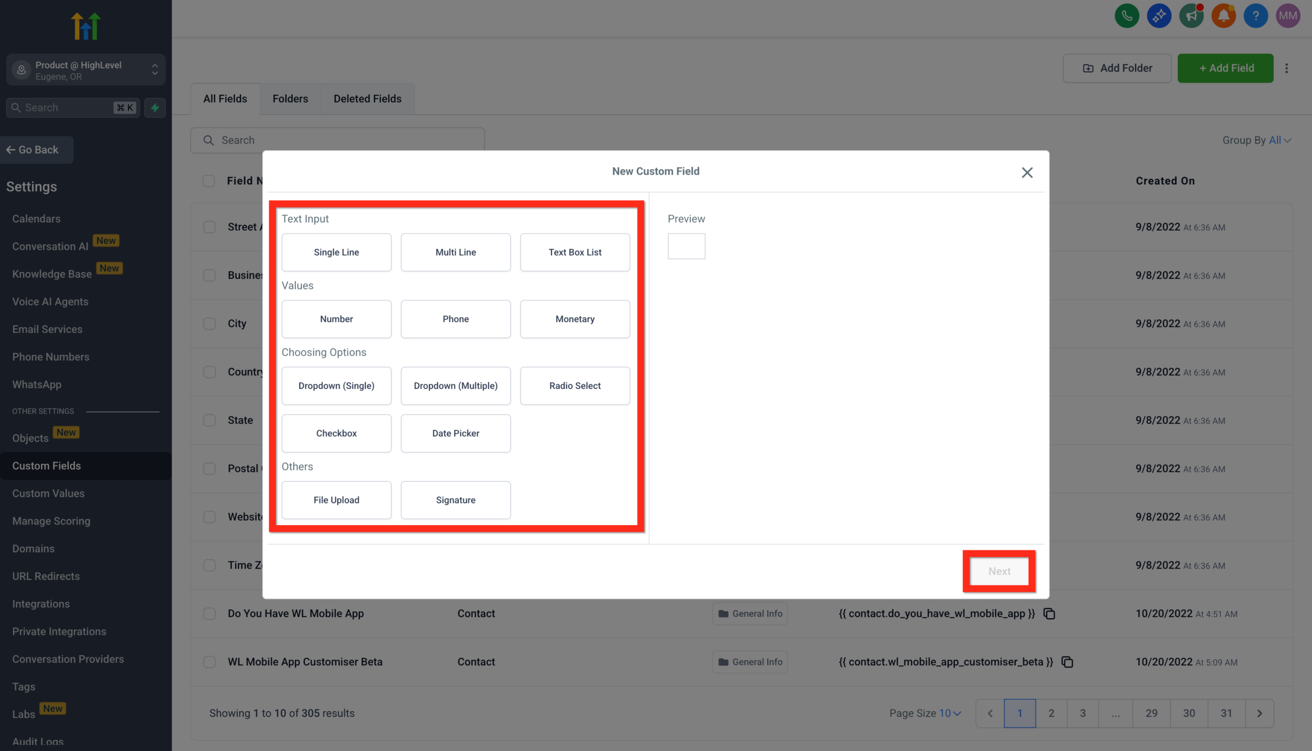 Screenshot of the custom field type selection in <a href=