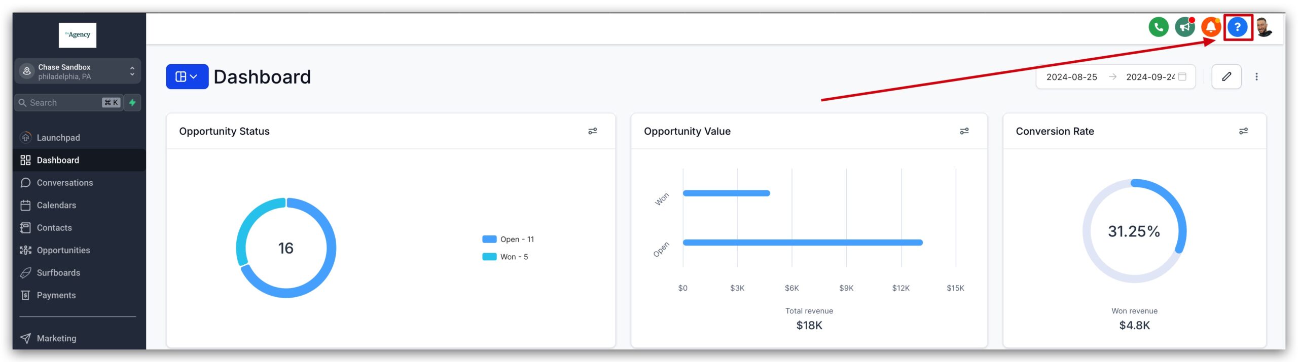 Location Admin No Support Button Highlight Screenshot highlighting the absence of the blue question mark support button in a GoHighLevel Location Admin dashboard, indicating no direct support access.