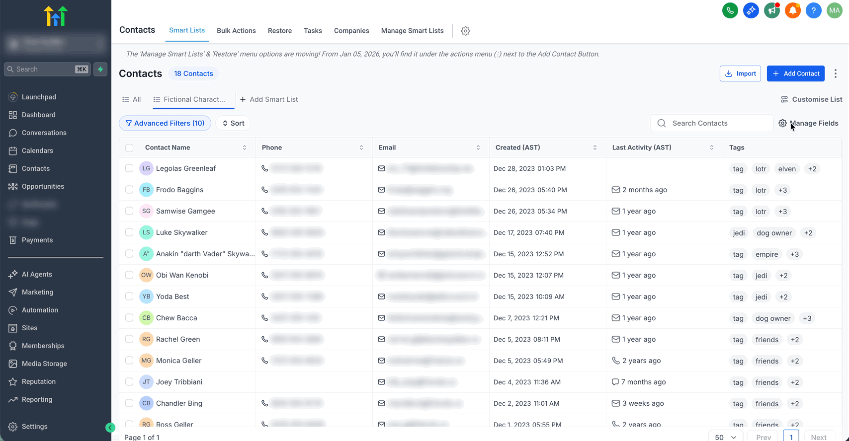 Drag and Drop Column Reordering GIF demonstrating how to reorder columns using drag-and-drop in a GoHighLevel Smart List view