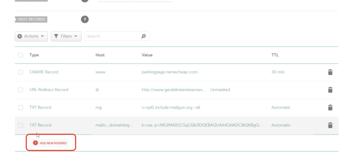 Namecheap Add CNAME Button Screenshot of Namecheap 'Add New Record' button for a CNAME record