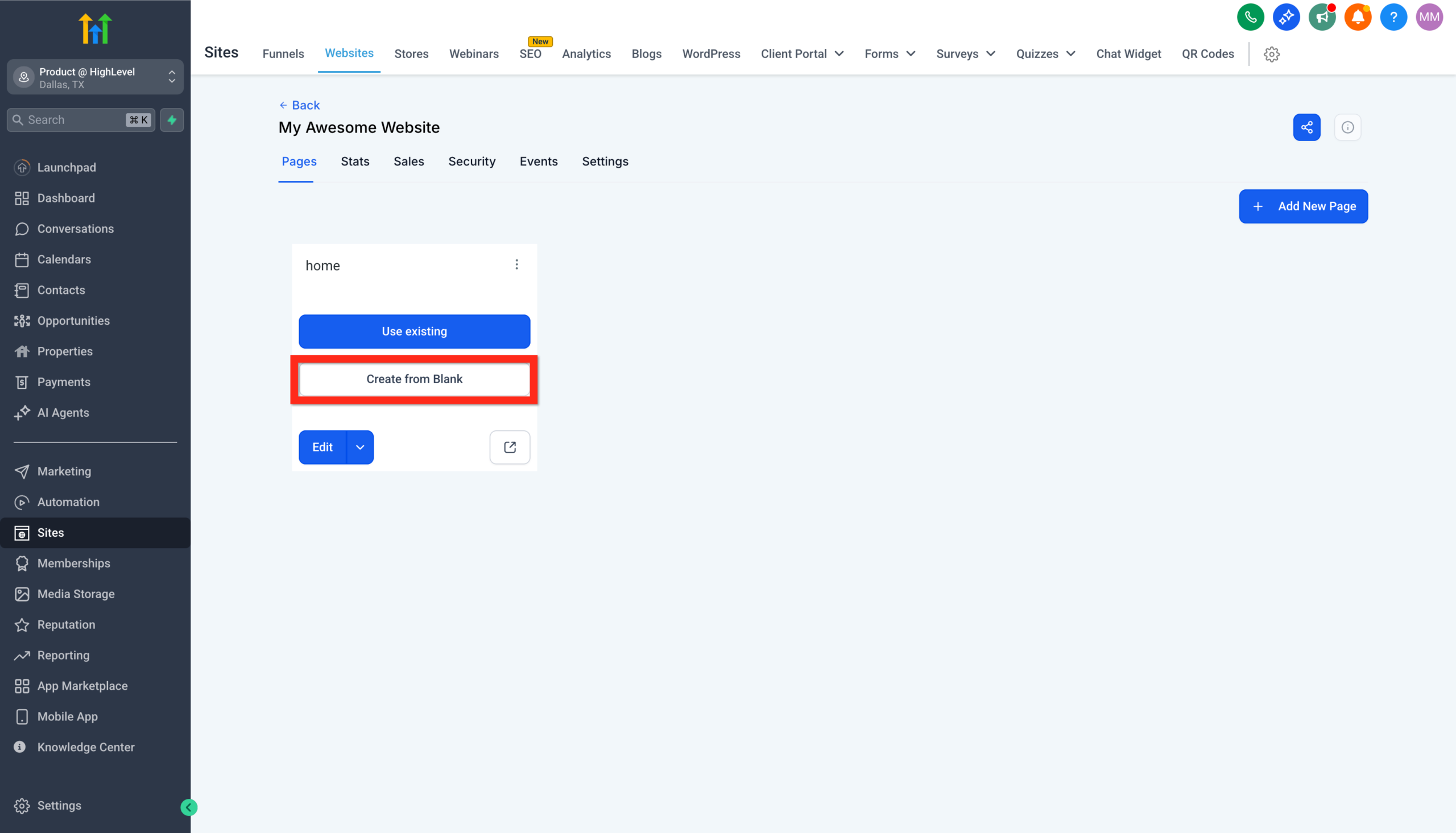 GoHighLevel page editor showing the 'Create From Blank' button to start building a new page.