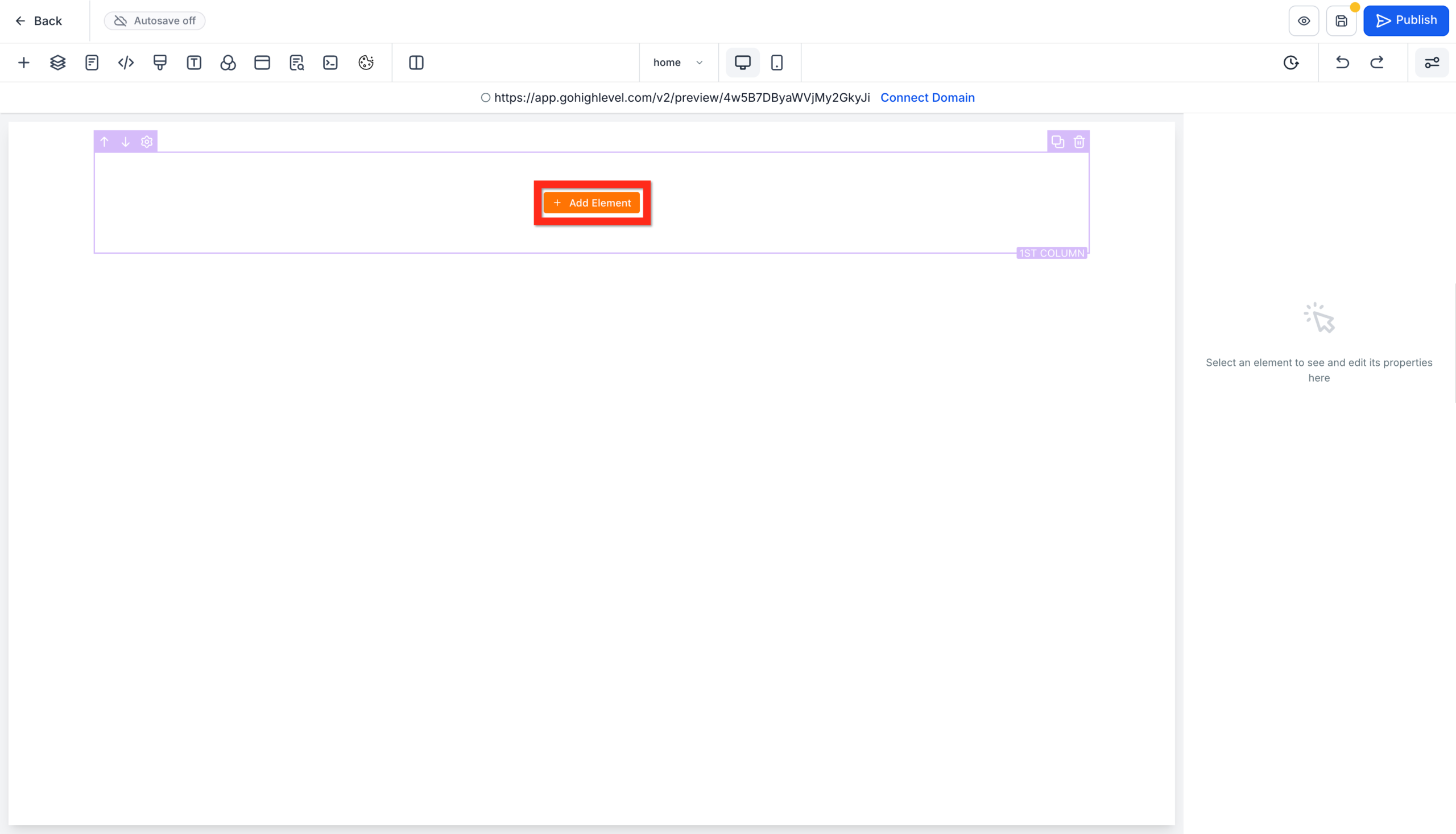 GoHighLevel website builder with the 'Add Element' panel open and the 'Headline' element being dragged into a 1-column row.