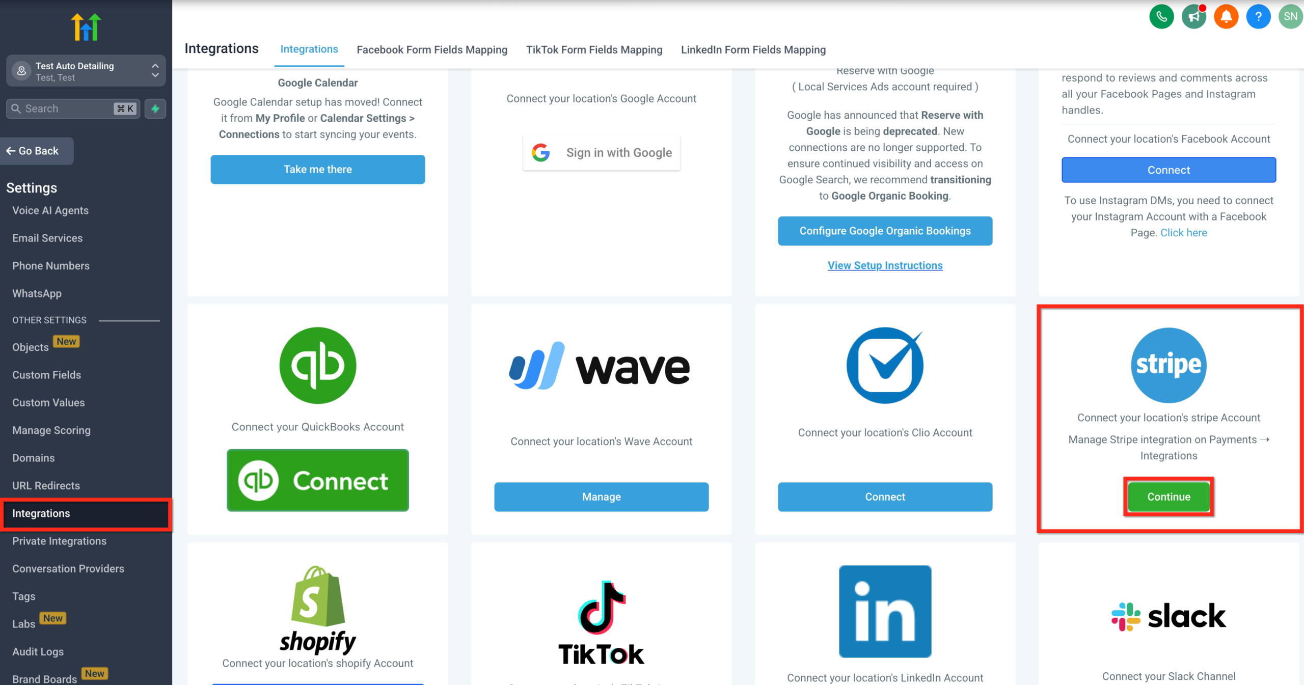 Screenshot of GoHighLevel Integrations settings, showing the 'Continue' button for Stripe connection.