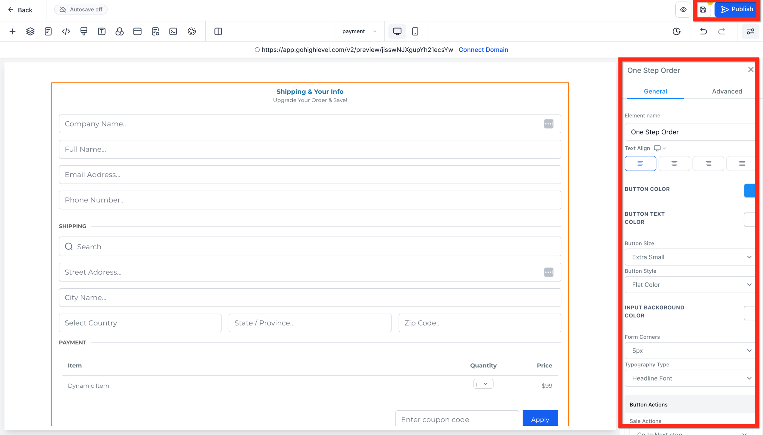 Screenshot of the GoHighLevel page editor, highlighting the 'Save' and 'Publish' buttons to finalize changes to an order form and make the page live.