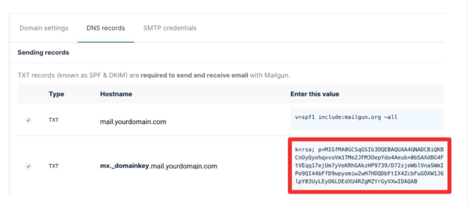 Mailgun DNS record display showing the long DKIM value string highlighted for copying.