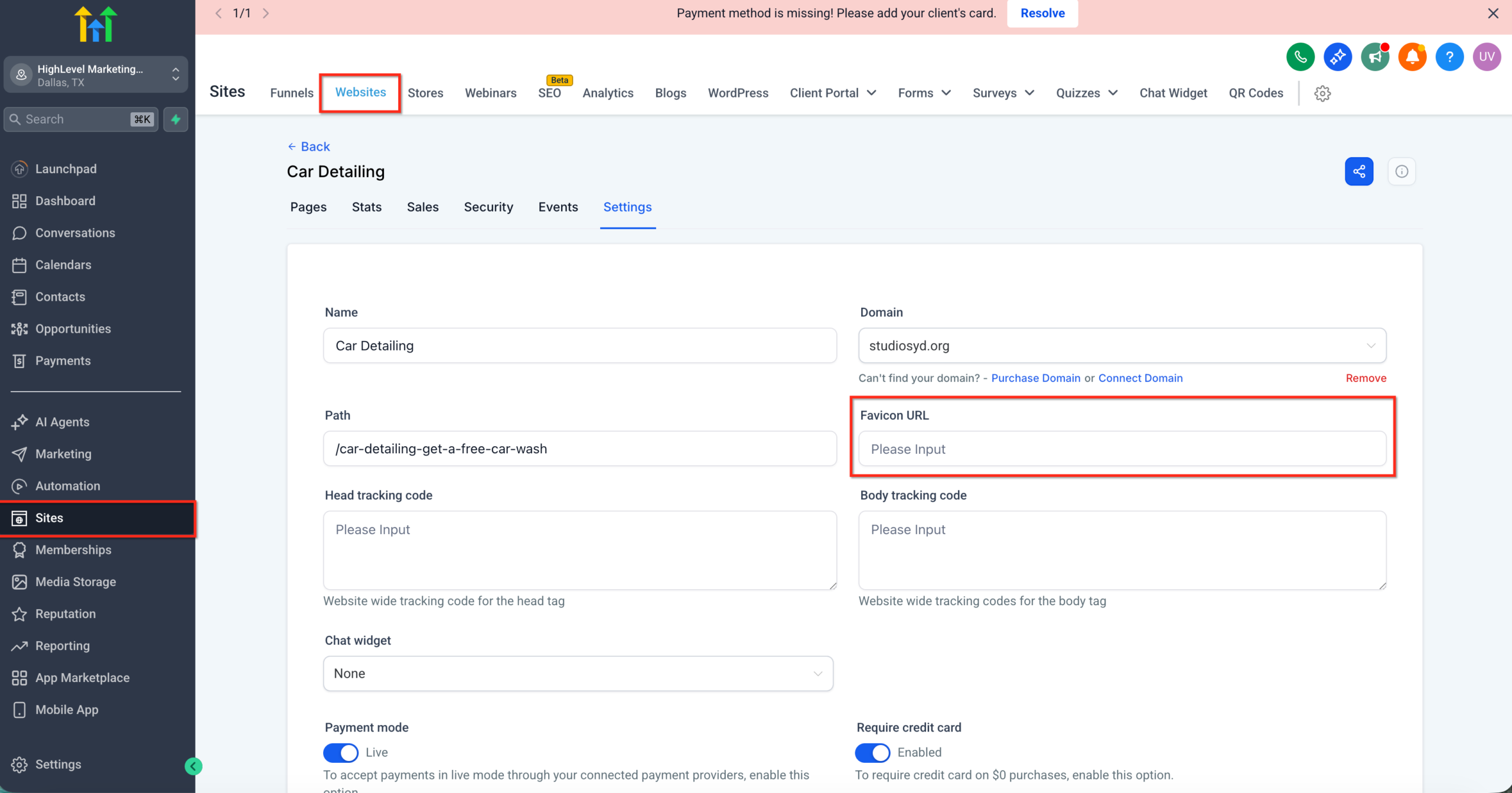 GoHighLevel Websites Funnels Favicon Screenshot demonstrating favicon settings within the Websites & Funnels builder in GoHighLevel, showing the path to Site Settings → Favicon.