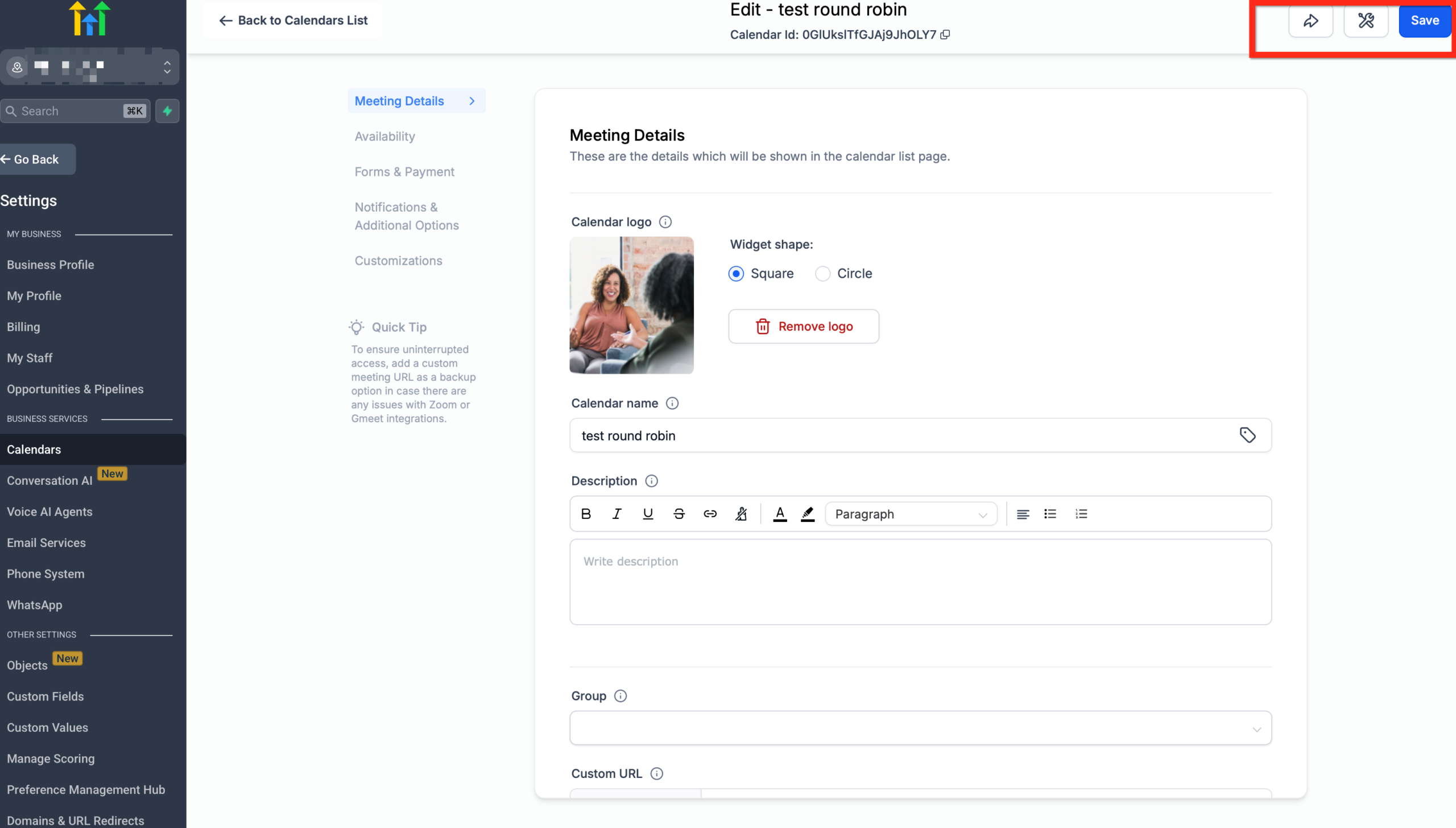 Screenshot of the HighLevel calendar interface, showing the 'Share' button in the top-right header with options to copy link, create one-time link, get embed code, or preview.