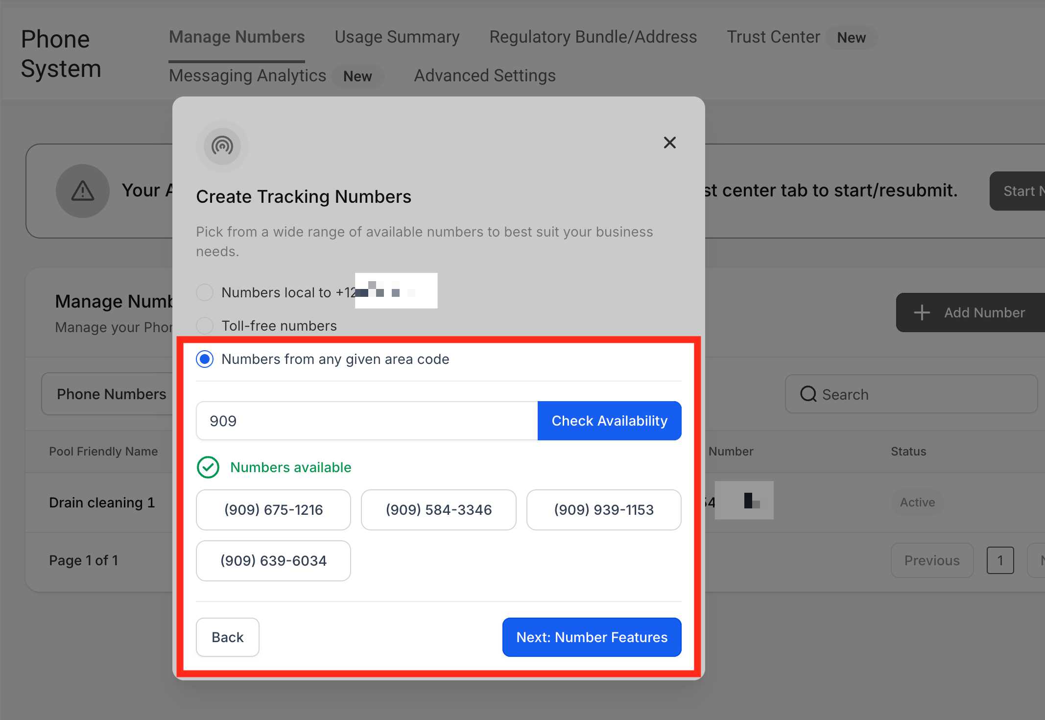Numbers from Any Area Code Option to select tracking numbers from any given area code by typing and checking availability