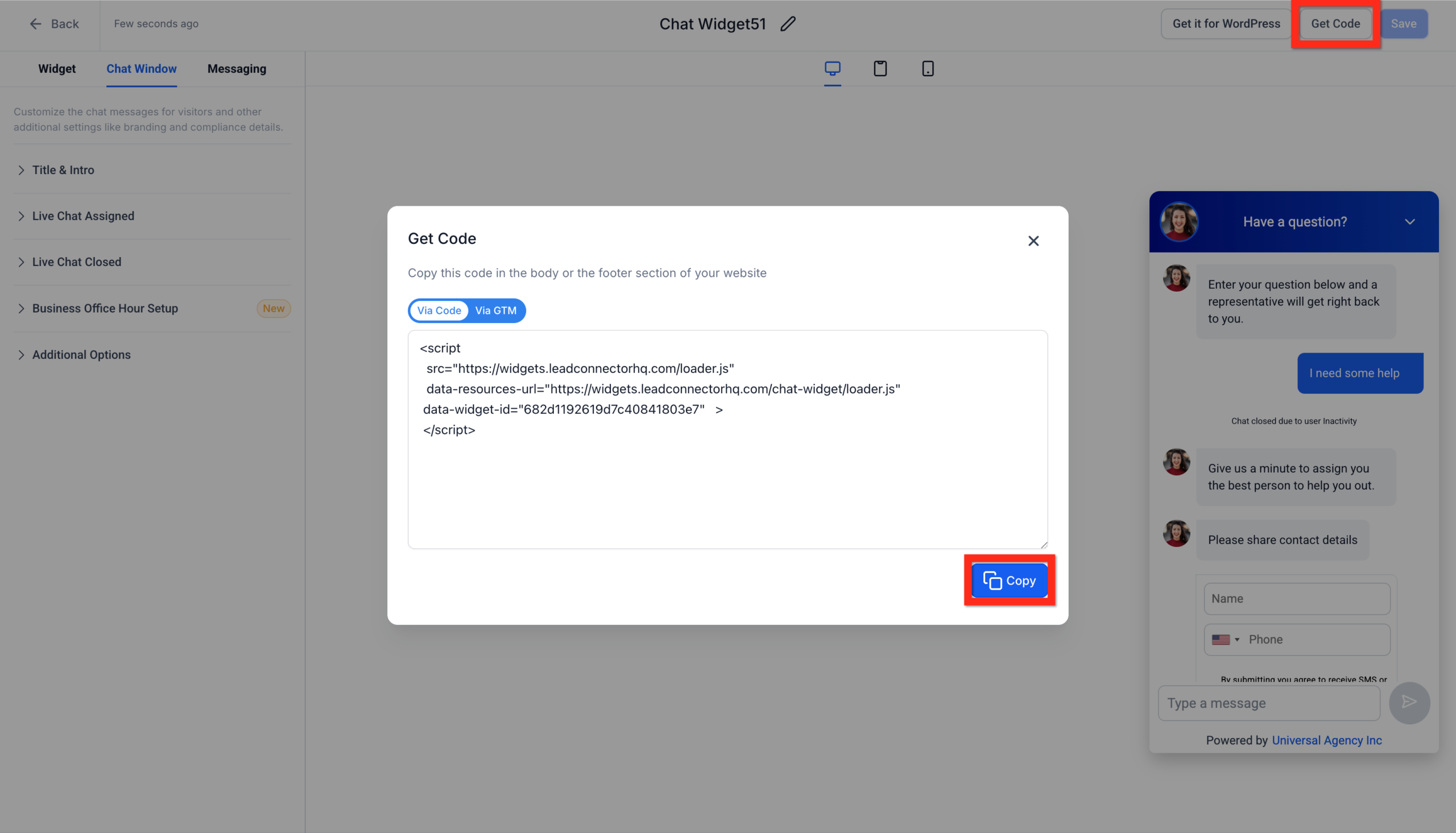 Screenshot displaying the GoHighLevel chat widget embed code with the 'Copy' button highlighted, ready for website integration.