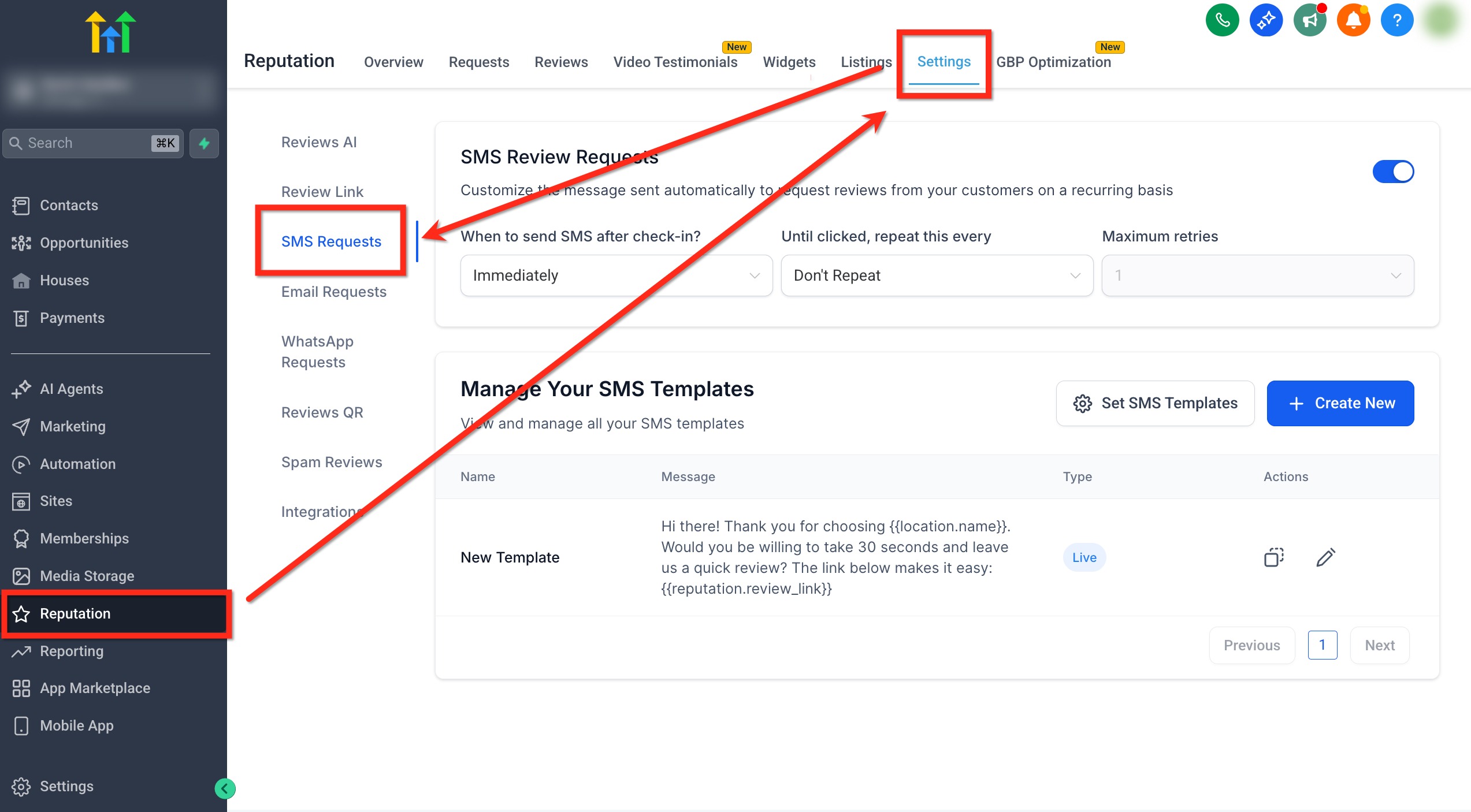 SMS Requests Enable & Cadence Screenshot of GoHighLevel SMS Requests settings, showing the 'Enable SMS Review Requests' toggle and cadence controls.