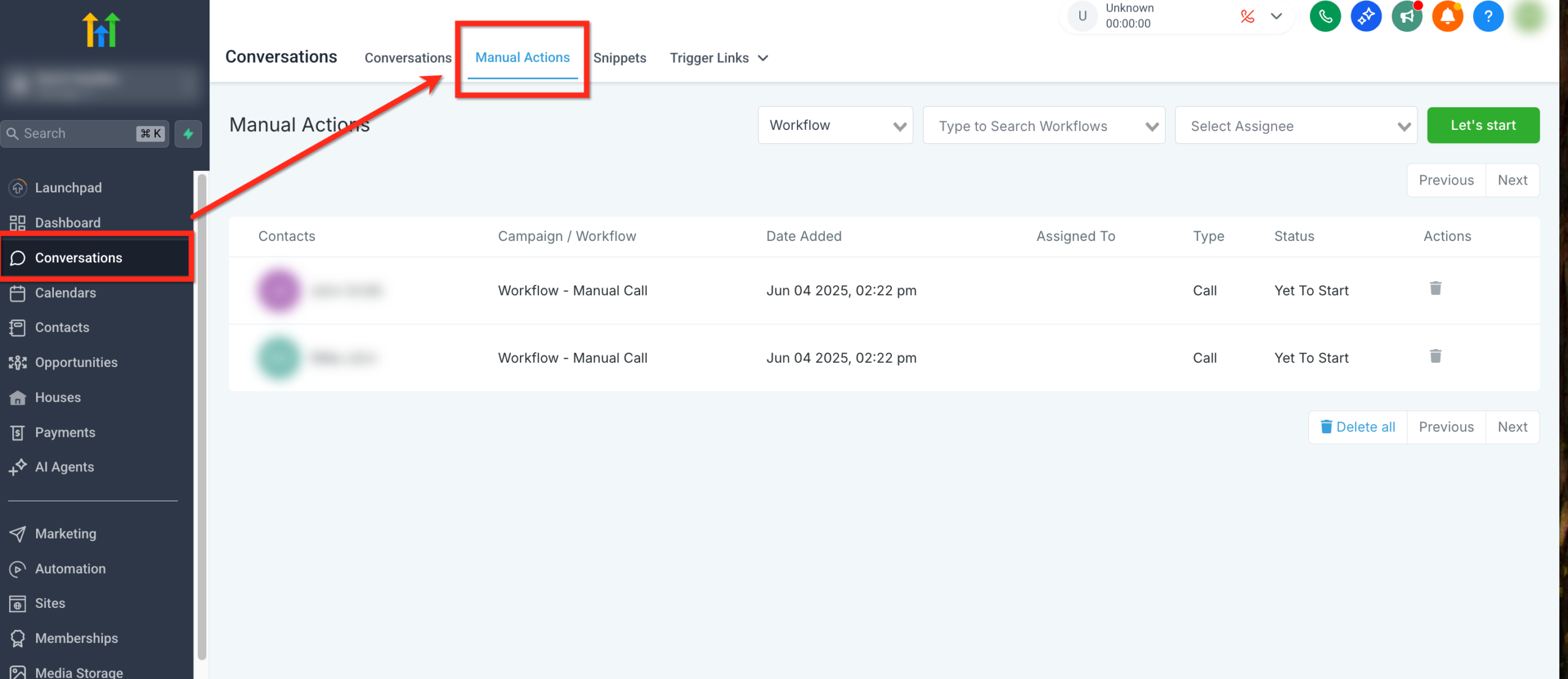 Manual Actions Call Queue Screenshot of the GoHighLevel Conversations tab, displaying the 'Manual Actions' section with a list of tasks, including contact names and status.