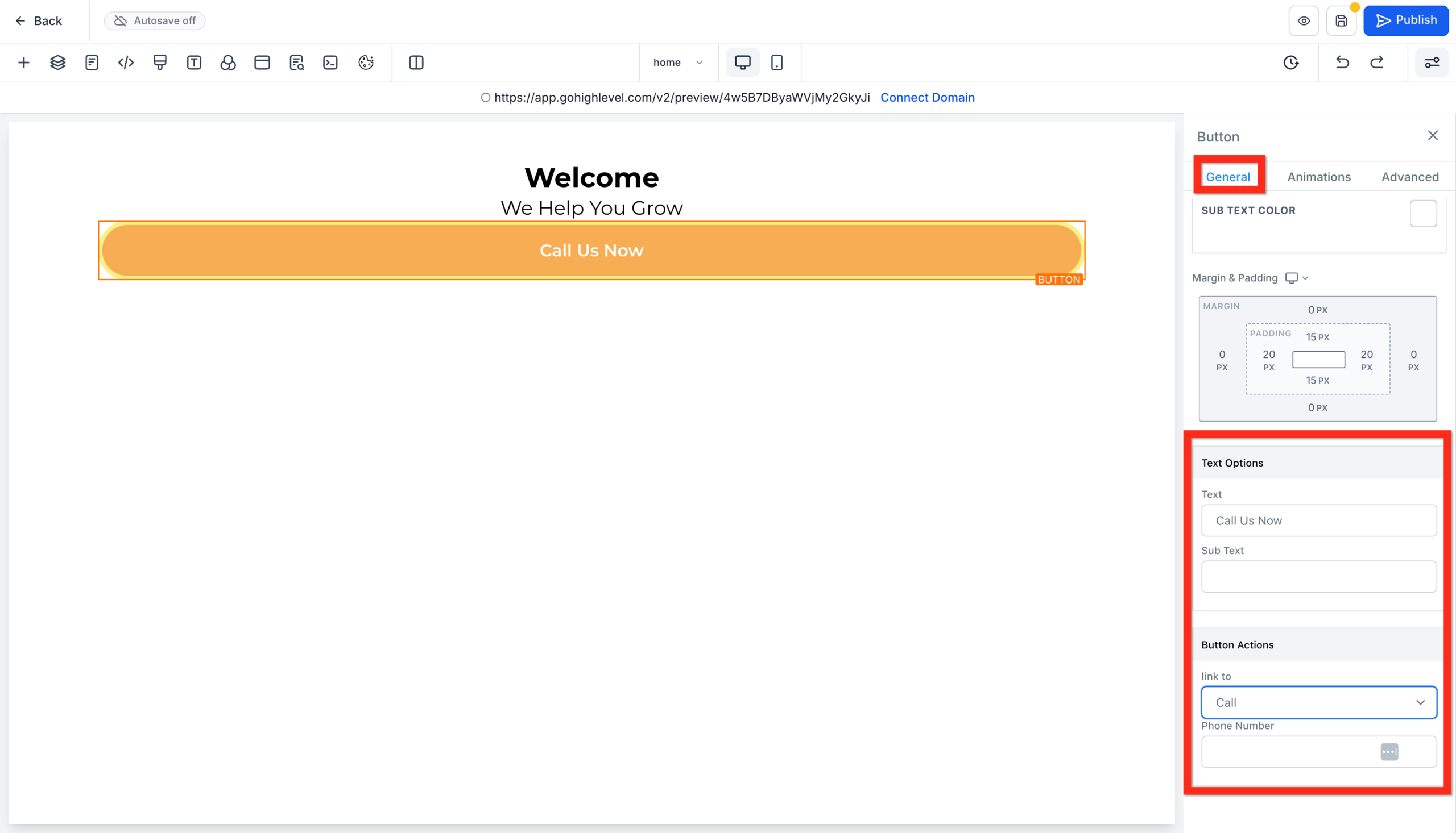 GoHighLevel button settings panel, showing the 'Button Actions' section with 'Call' selected and a phone number input field.