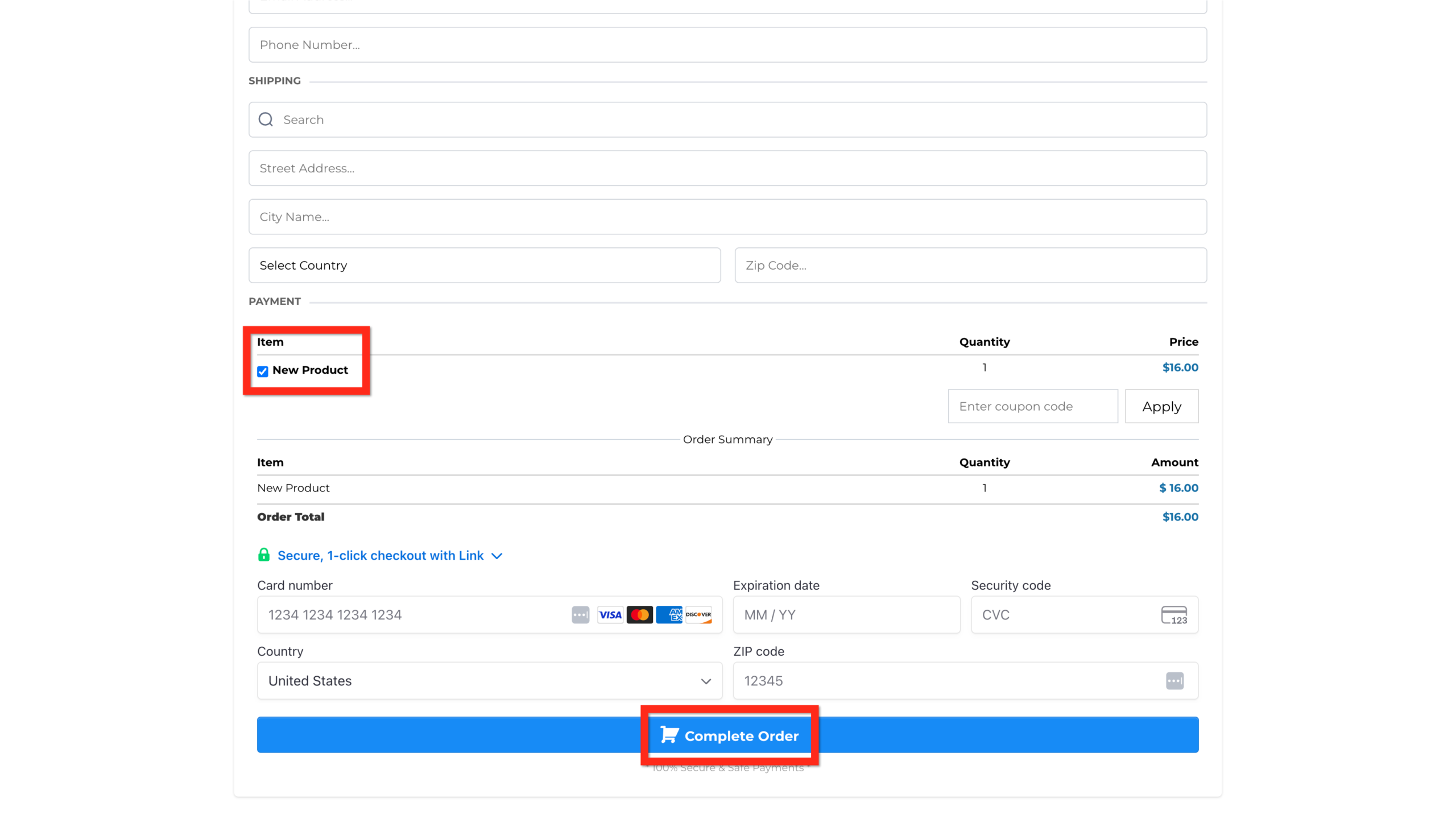 Example screenshot of a completed GoHighLevel funnel order form, demonstrating a clean and functional checkout experience for customers.