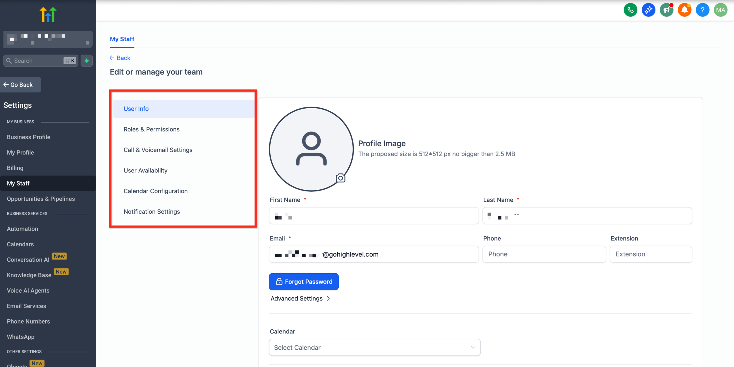 GoHighLevel Sub-Account User Profile settings with module permissions and assigned data options