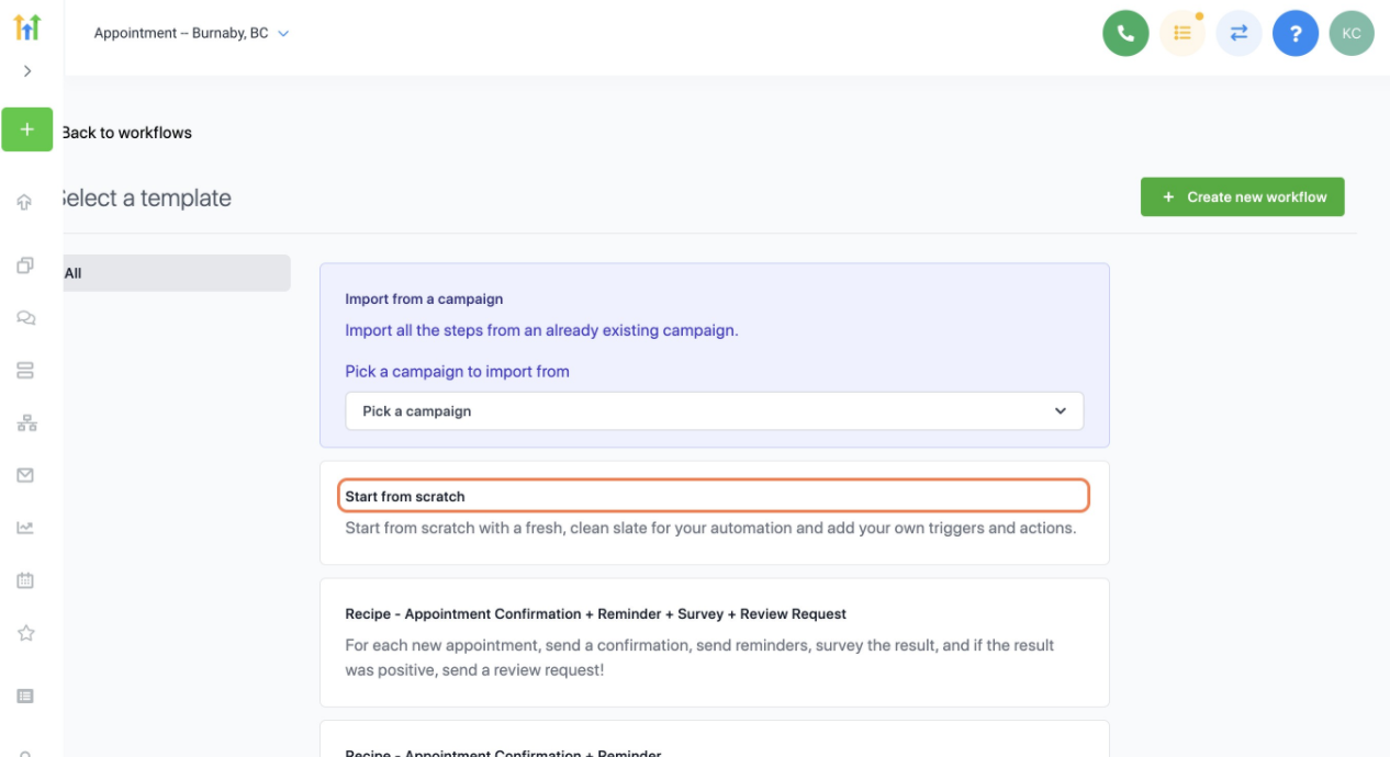 Workflow creation modal showing 'Start from scratch' template selected.