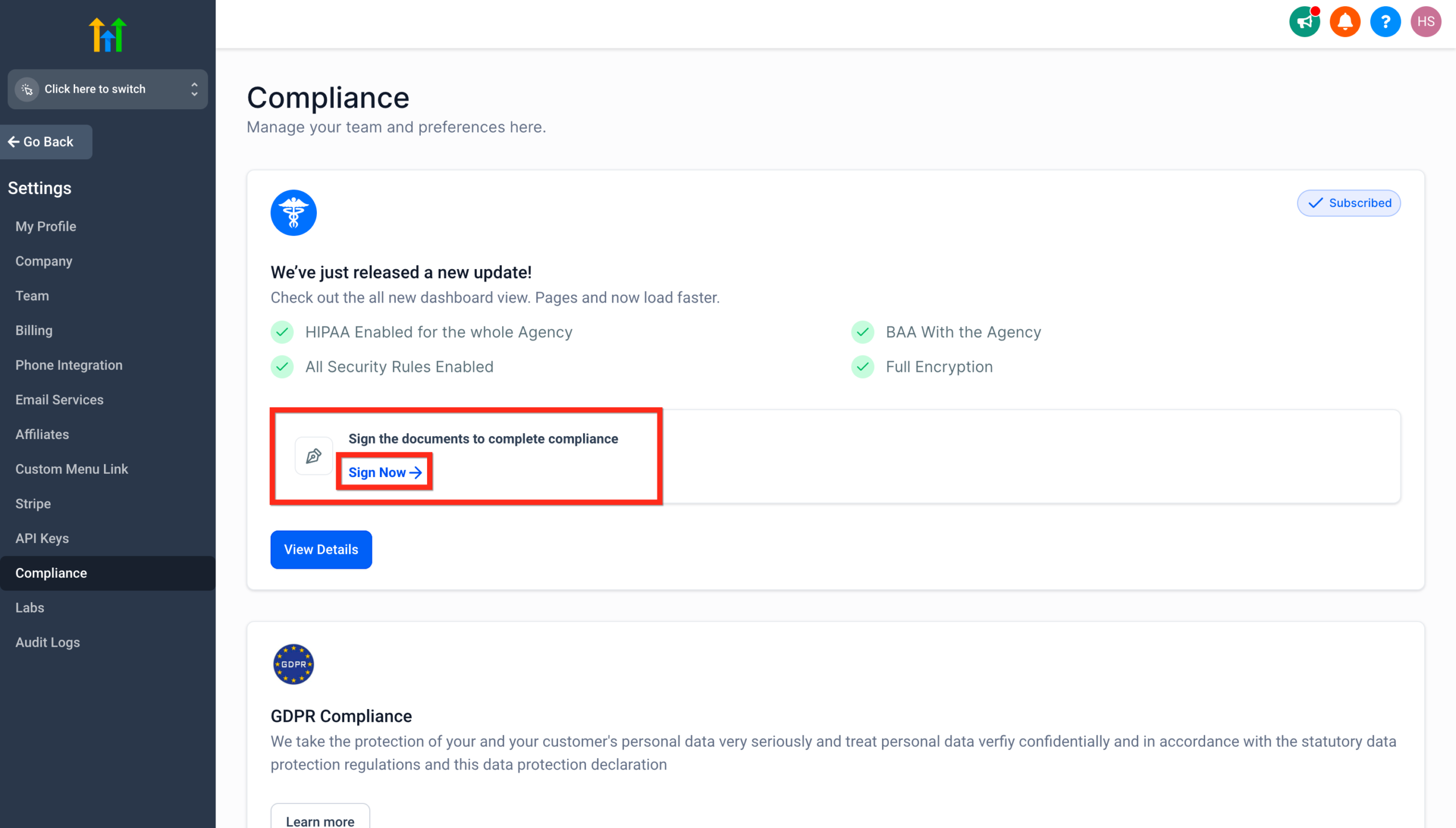 Screenshot indicating successful HIPAA subscription and prompt to review and sign the BAA.