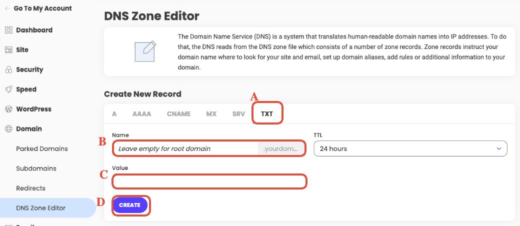 SiteGround DNS Zone Editor showing the option to 'Add New Record' within the TXT tab.