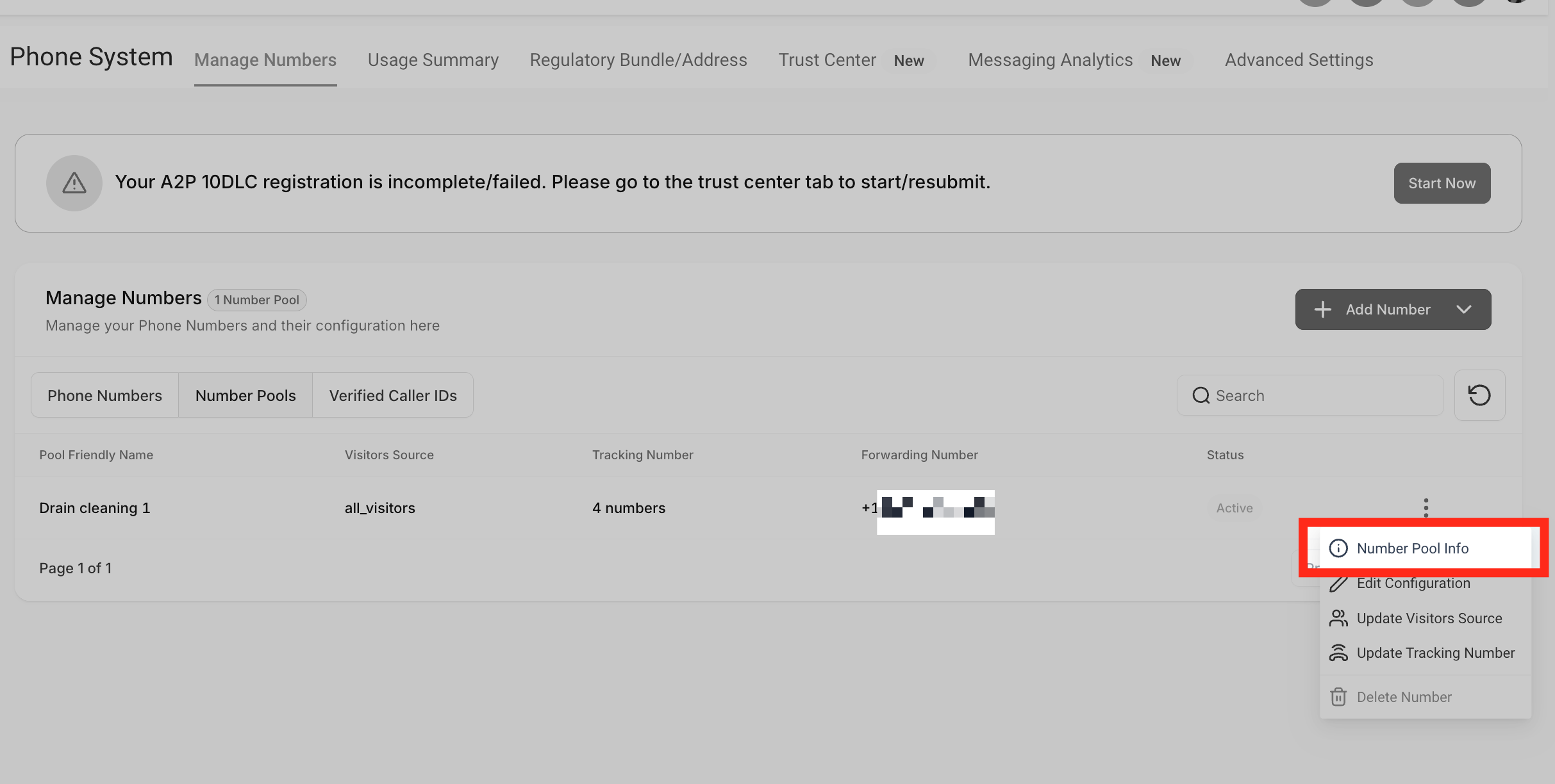 Select Number Pool Info Number Pool Info option selected from the dropdown menu