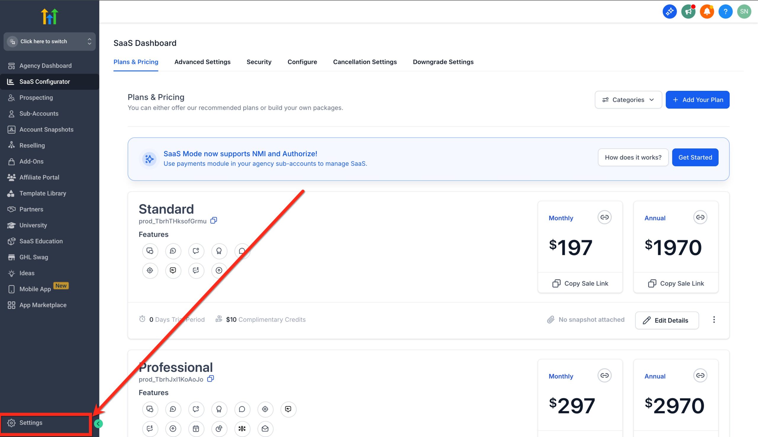 Screenshot showing 'Settings' highlighted in the HighLevel agency account navigation menu.