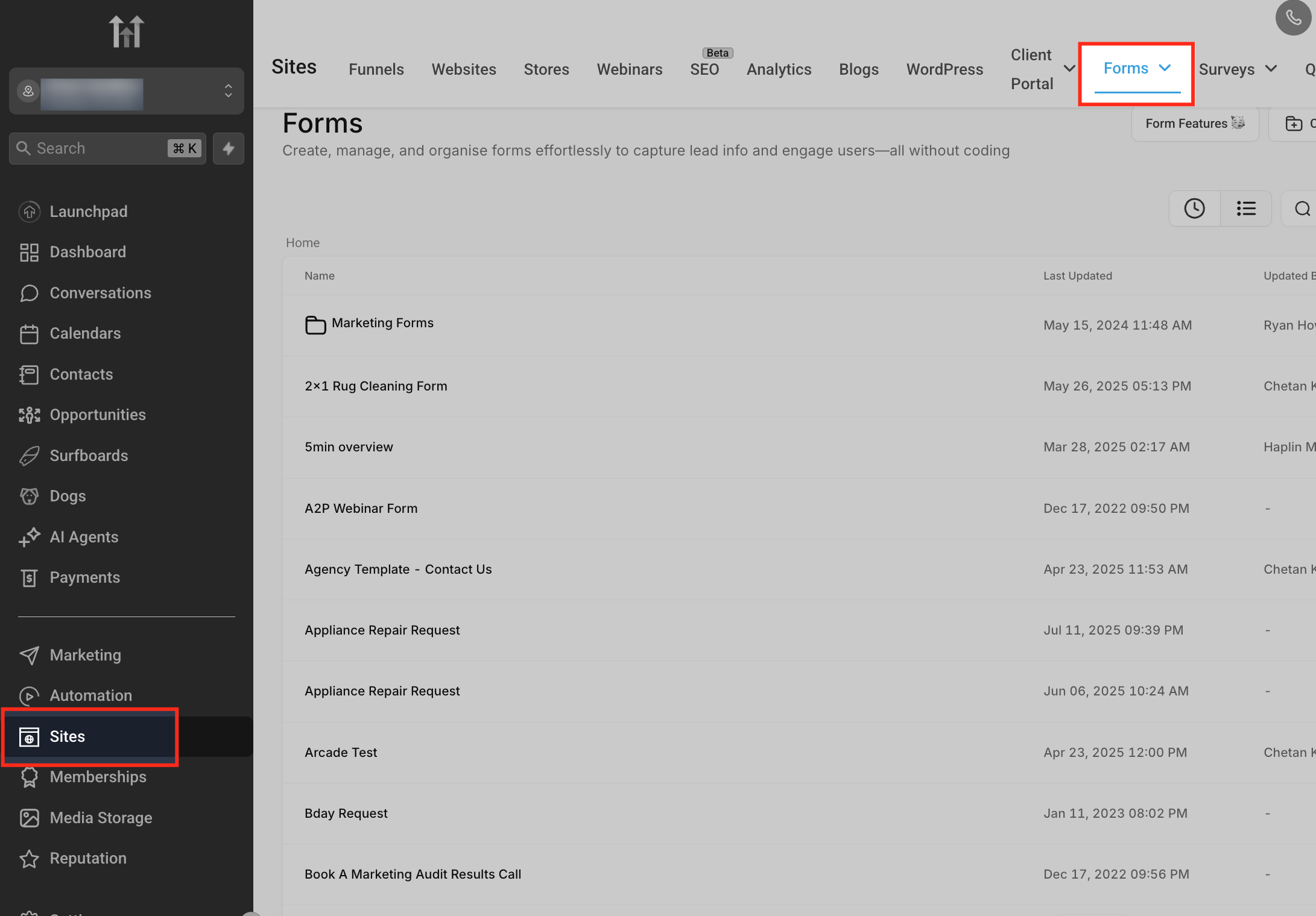 GoHighLevel navigation showing Sites and Forms menu options