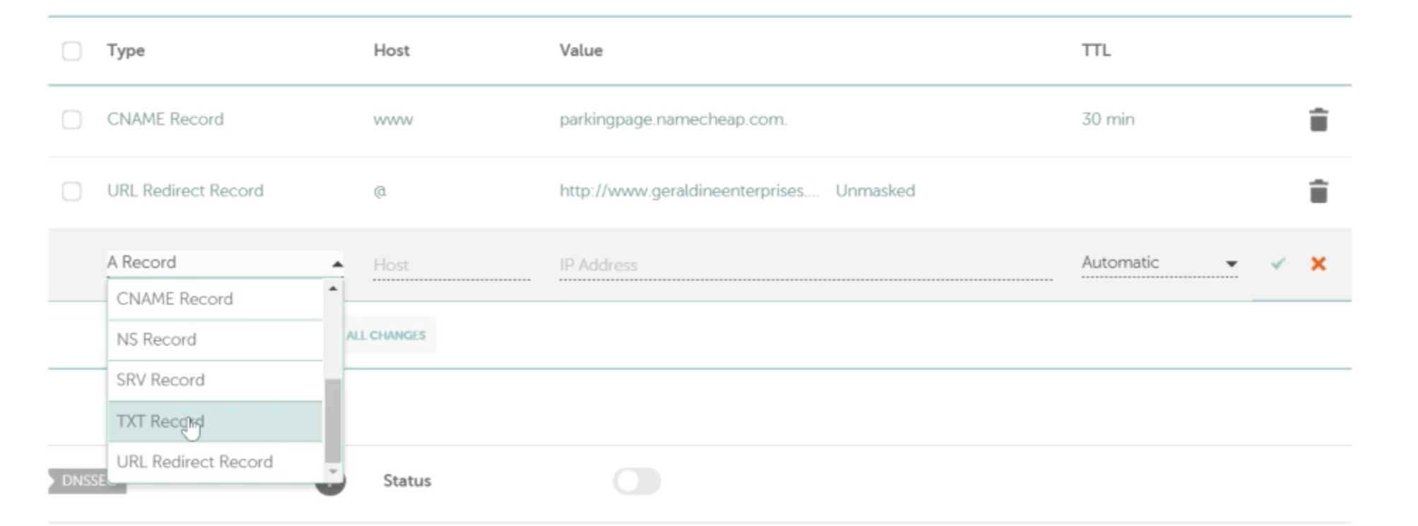 Namecheap Select TXT Record Screenshot of Namecheap DNS record type dropdown with TXT Record selected