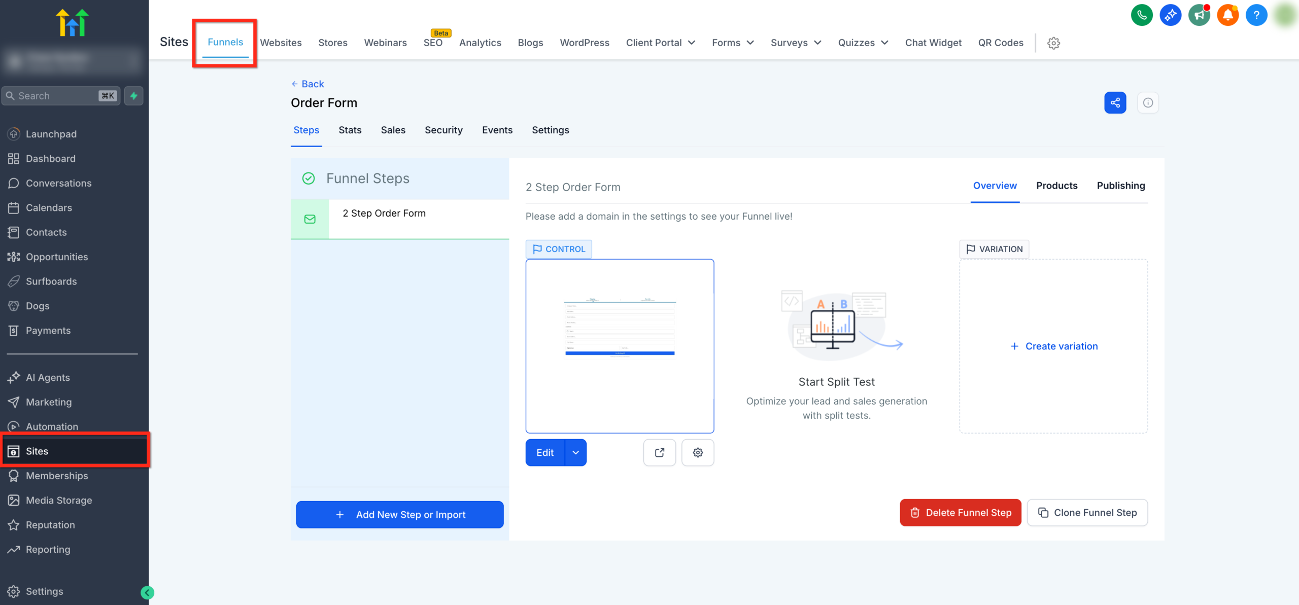 Screenshot demonstrating navigation to a specific funnel step within the GoHighLevel 'Sites' section.