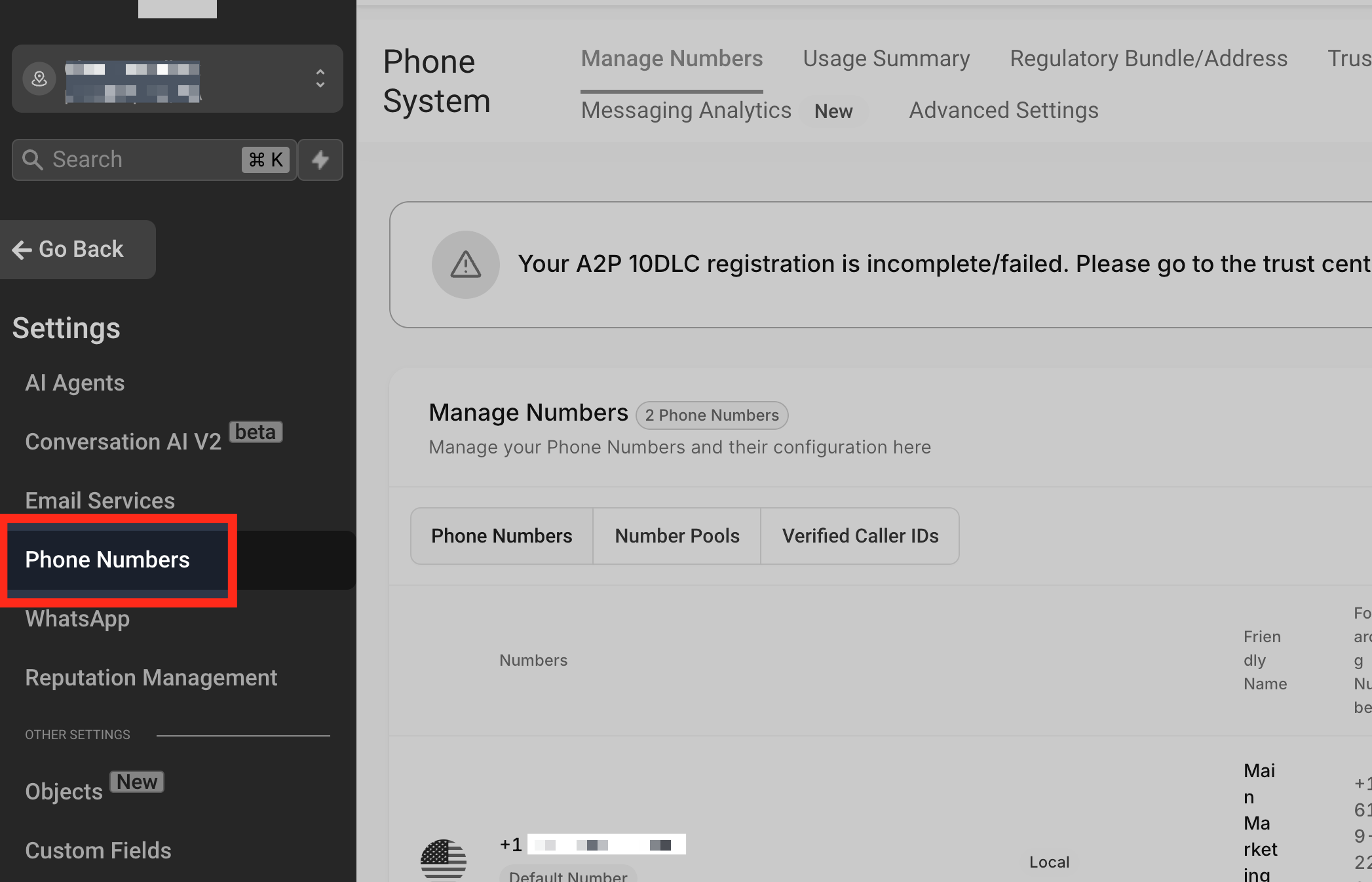 Phone Numbers Tab GoHighLevel Phone Numbers tab within the Settings menu