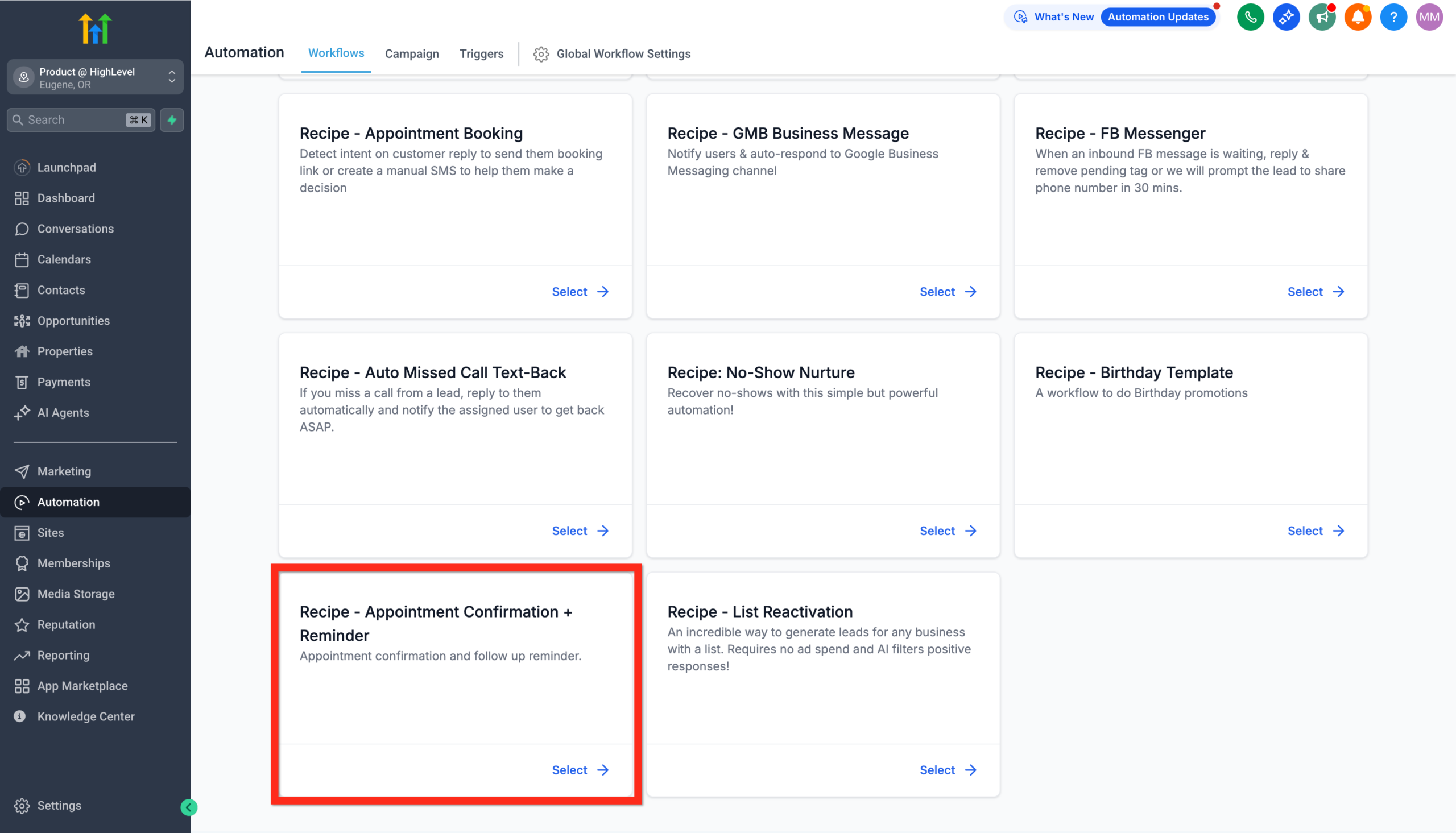 Screenshot of HighLevel workflow recipes, with 'Appointment Confirmation + Reminder' template selected for automated appointment communication.