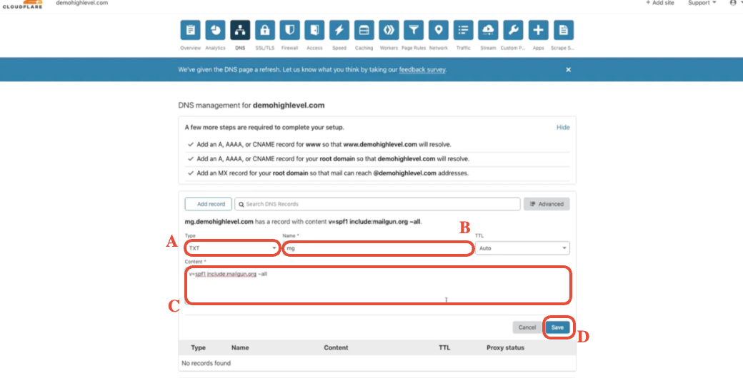 Cloudflare Add DNS Record form showing Type, Name, and Content fields