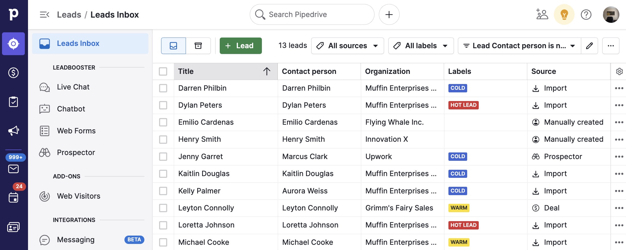 Screenshot showing Pipedrive's data export options for contacts, deals, and activities.