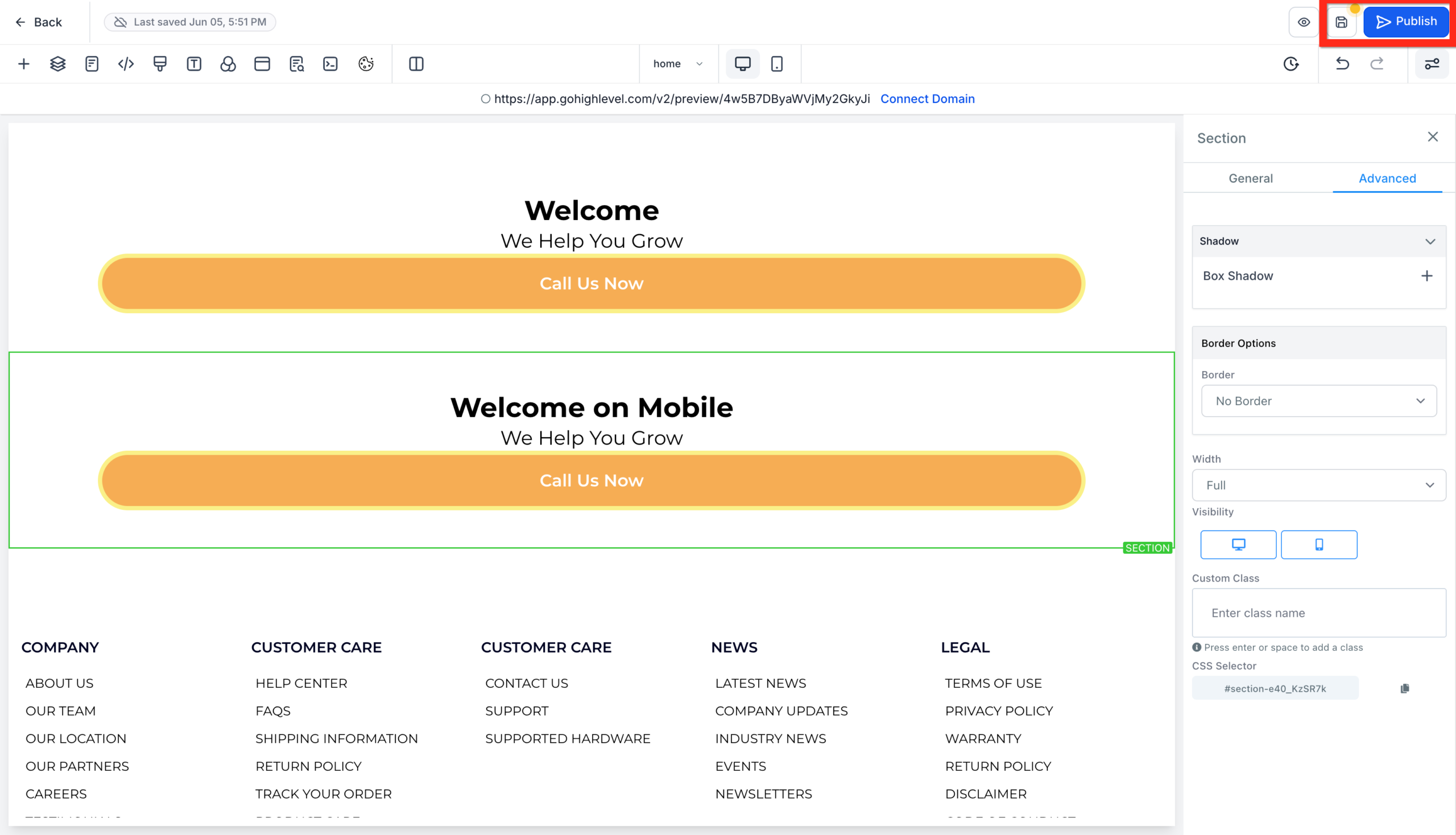 GoHighLevel website builder's top bar, highlighting the 'Save' and 'Publish' buttons.