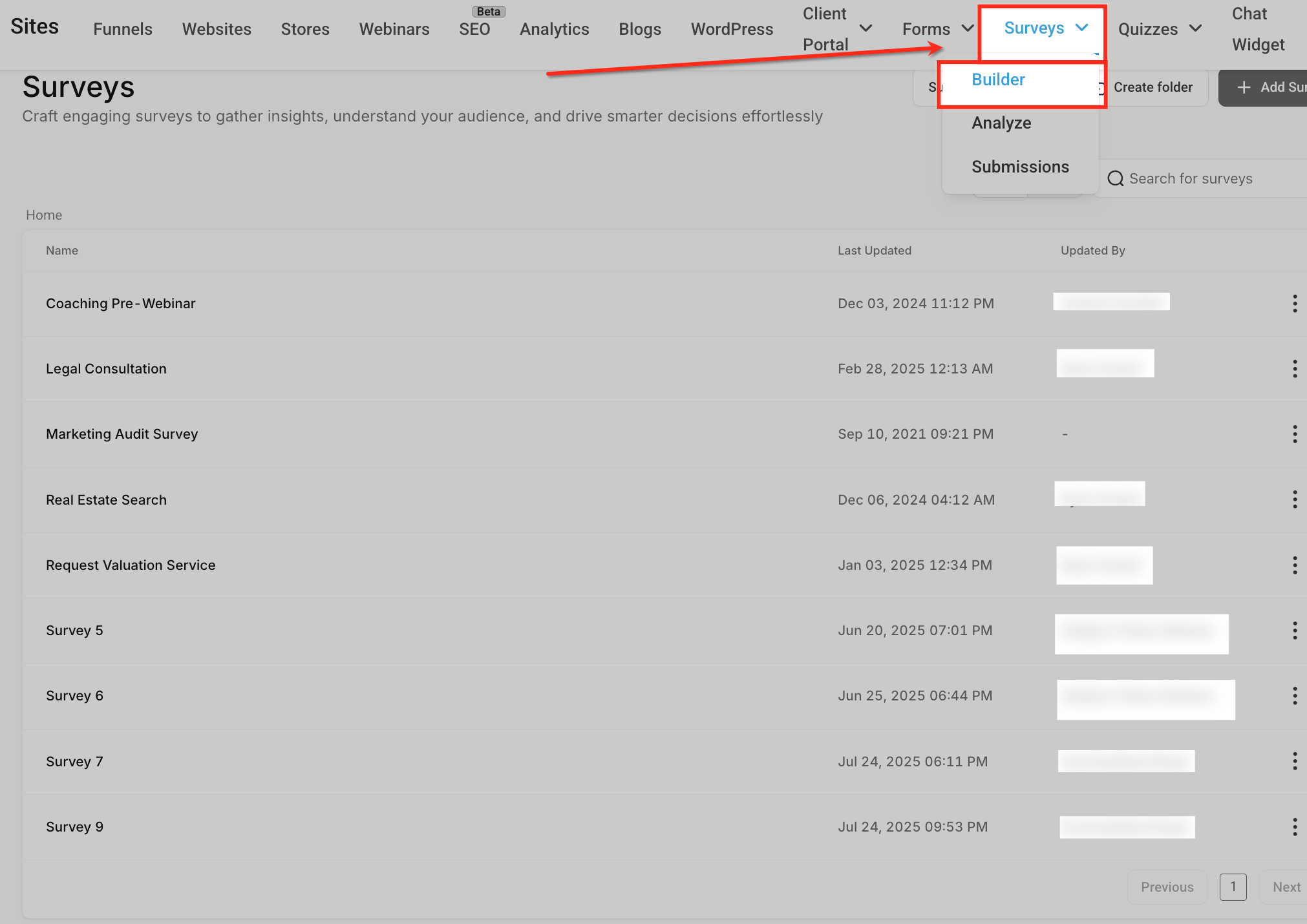 GoHighLevel navigation showing Sites and Surveys menu options