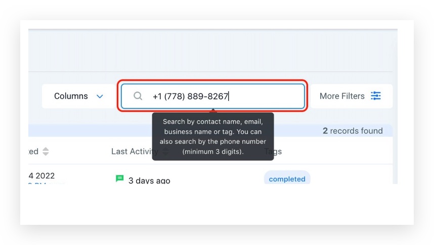 Screenshot demonstrating how to use the Quick Search box in GoHighLevel Contacts to find a contact by phone number.