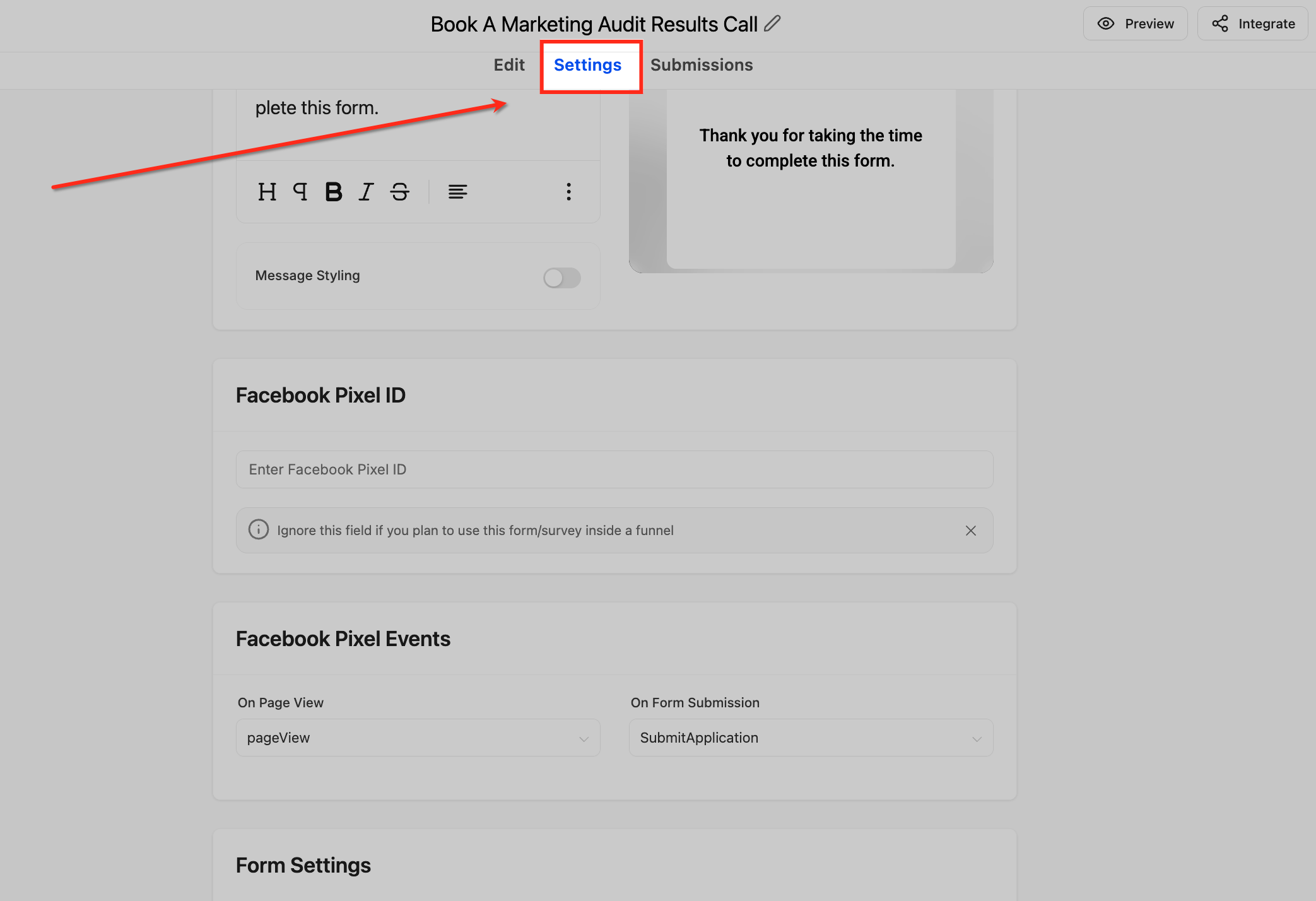 GoHighLevel Form Builder with the 'Form Settings' tab highlighted