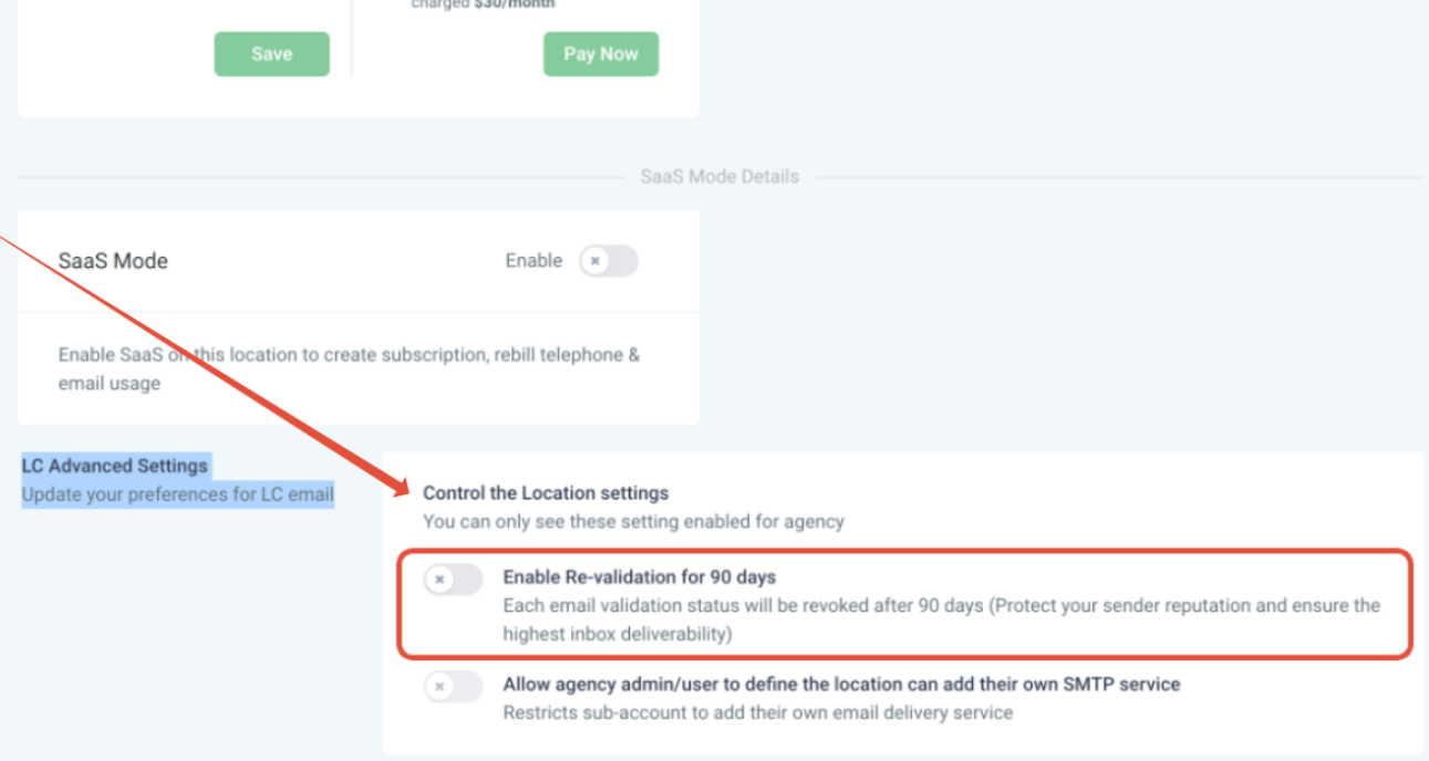 Screenshot showing the Email Advanced Settings within a GoHighLevel sub-account, with the "Re-verification for 90 days" toggle enabled.