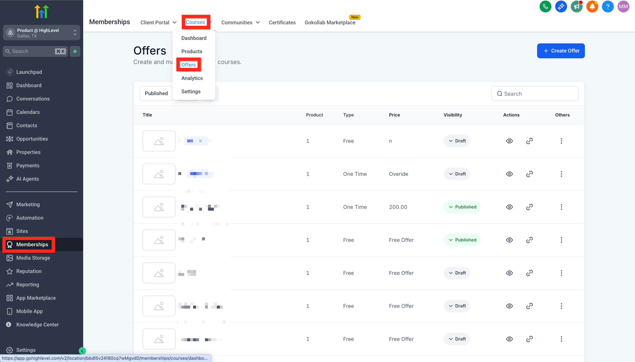 Screenshot showing navigation to Memberships > Courses > Offers to find the offer link in GoHighLevel