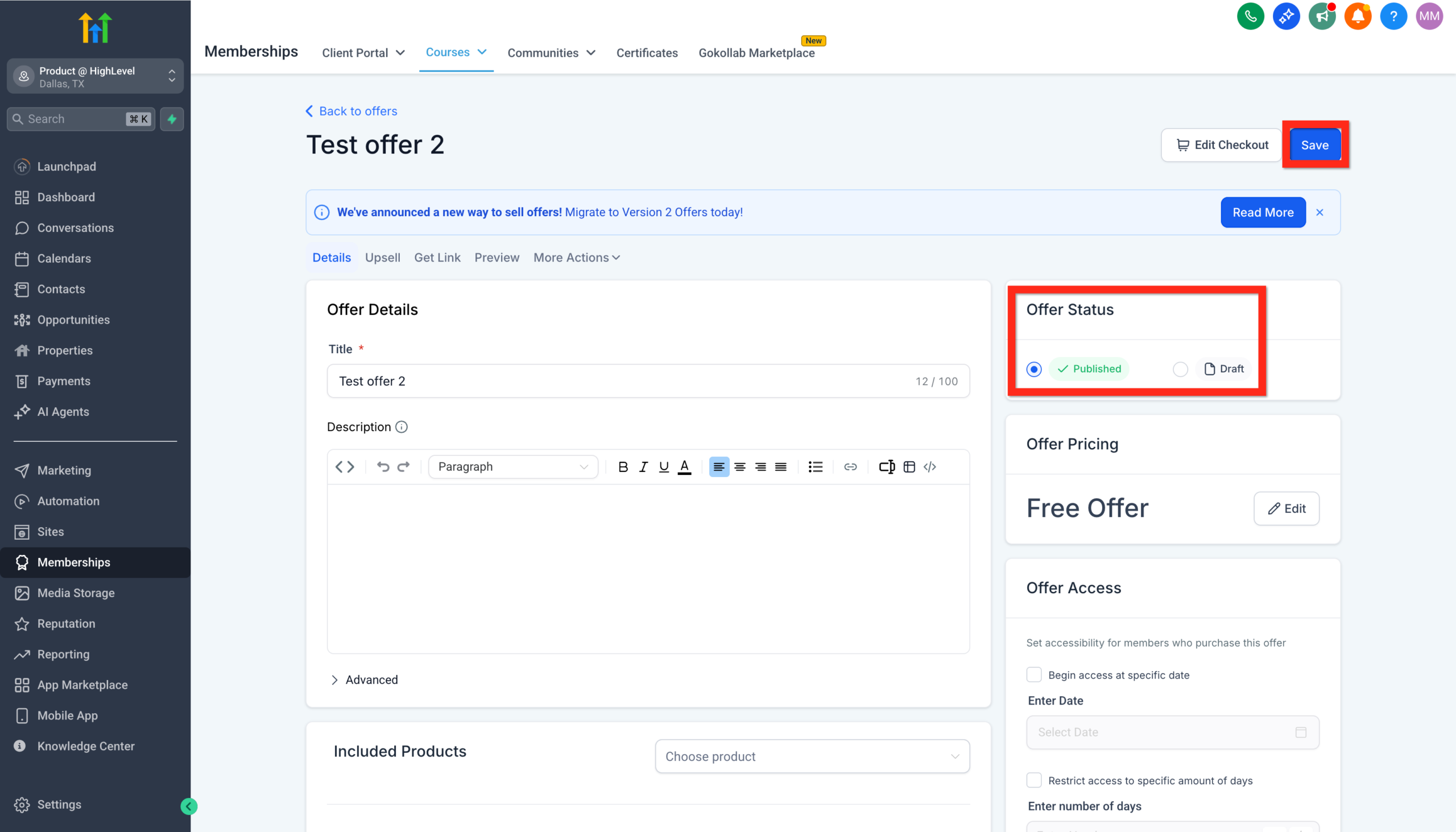 Screenshot showing how to switch an offer from Draft to Published status and save in GoHighLevel