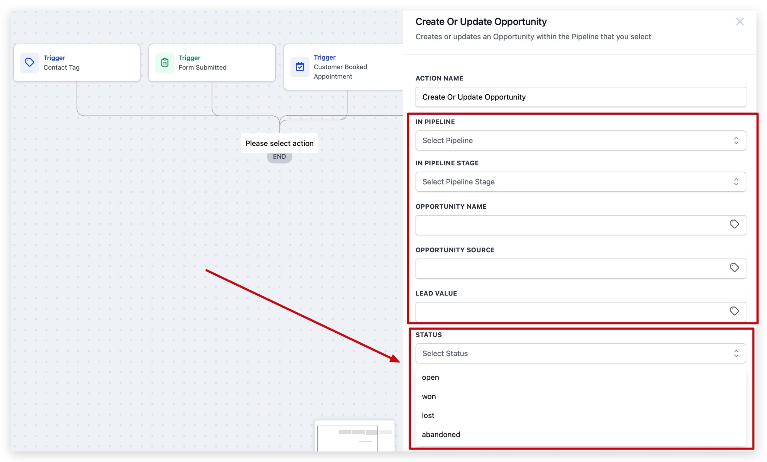 Editing Opportunity Status Edit workflow action to set opportunity status in GoHighLevel