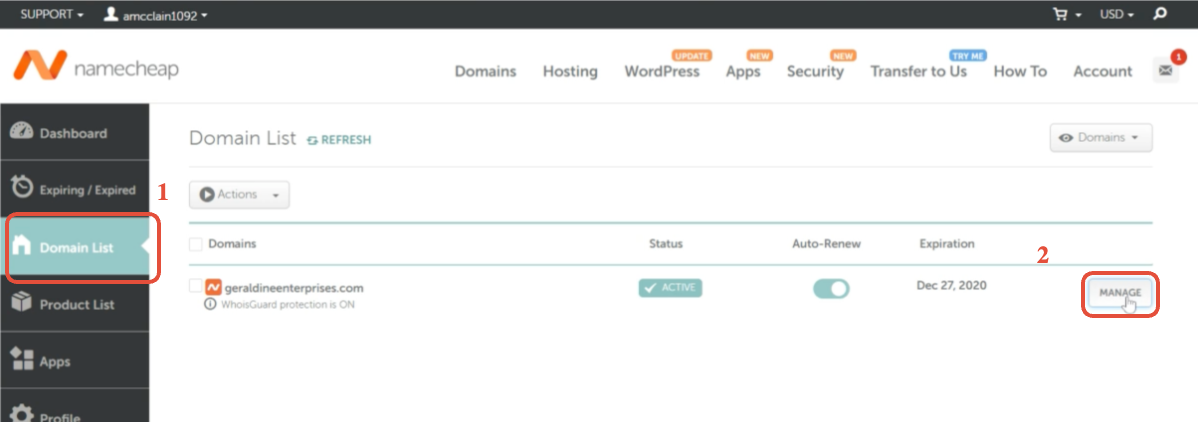 Namecheap Domain Manage Screenshot of Namecheap domain list showing 'Manage' button next to a domain