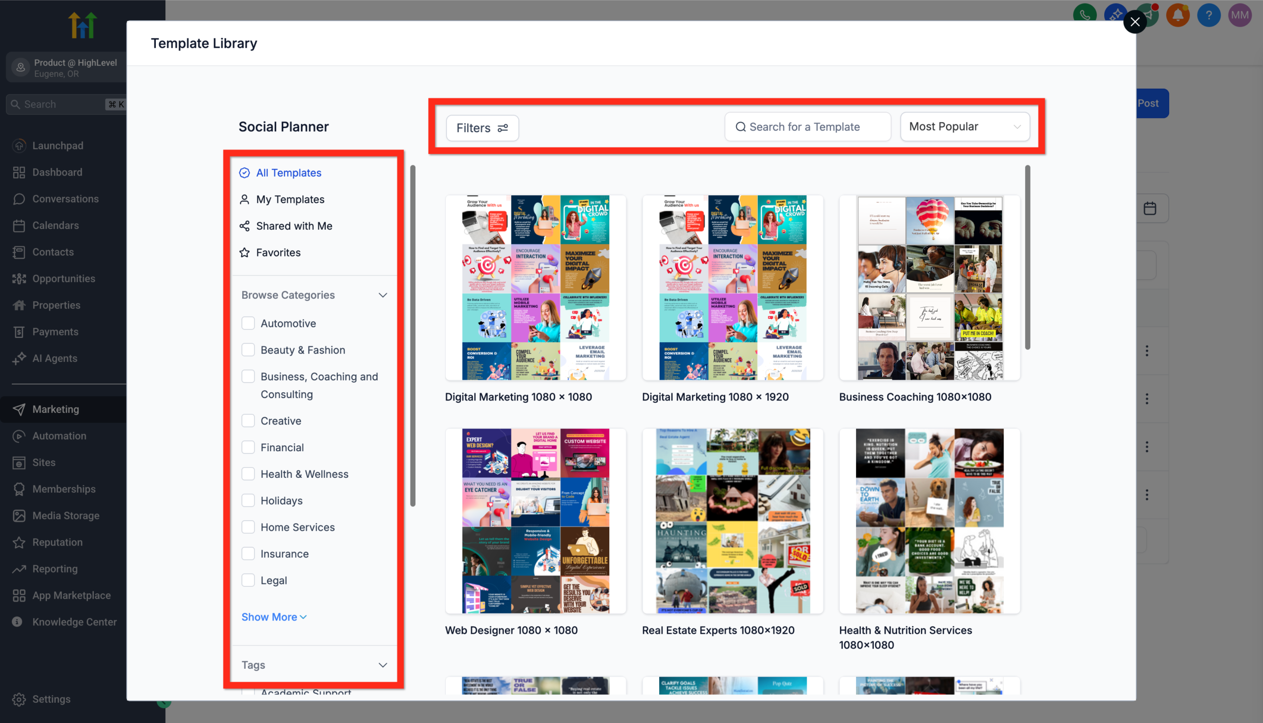 Interface for searching, browsing, and filtering social media post templates.